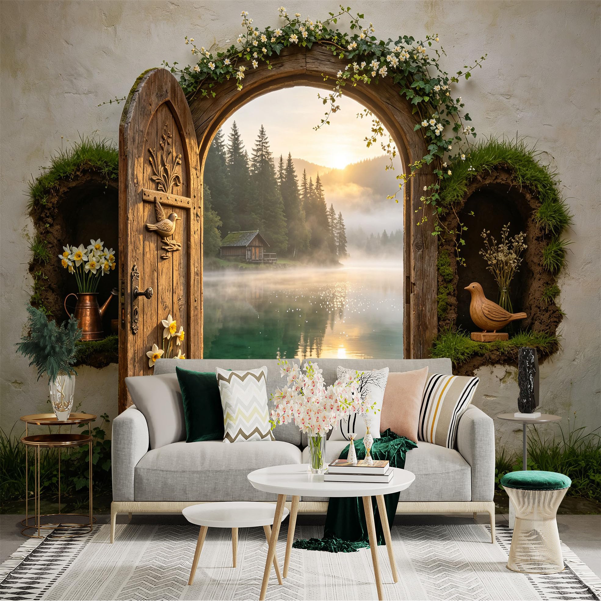 Custom Size Wall Sticker Mural， Rustic Wooden Door， Misty Lake， Forest Cabin Sunrise， for wall Decoration， peelandstick wall Decals.