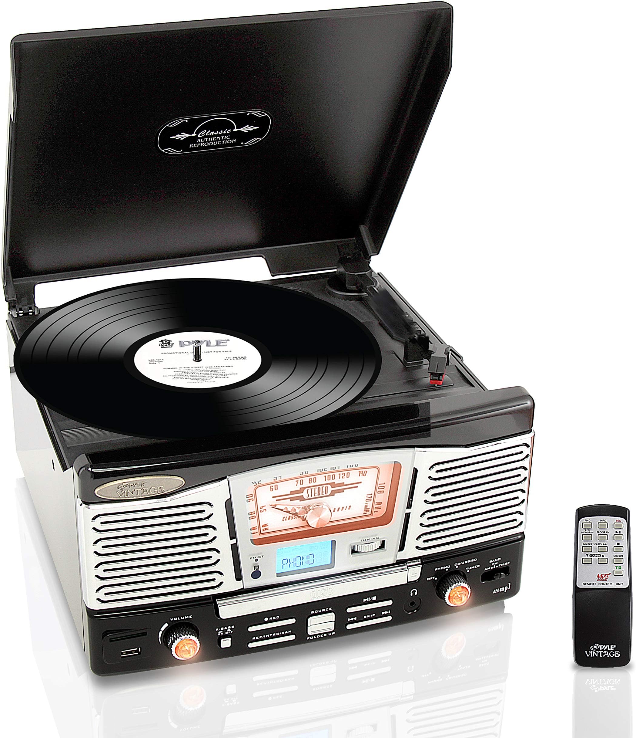 Updated Version Classic Style Turntable - Built-in Speakers, Wireless Record Player, Record Player Convert Vinyl to Mp3, CD/Radio/USB/SD/MP3/WMA, 2 Speed Turntable: 33, 45, RPM - Pyle PTCD8UB (Black)