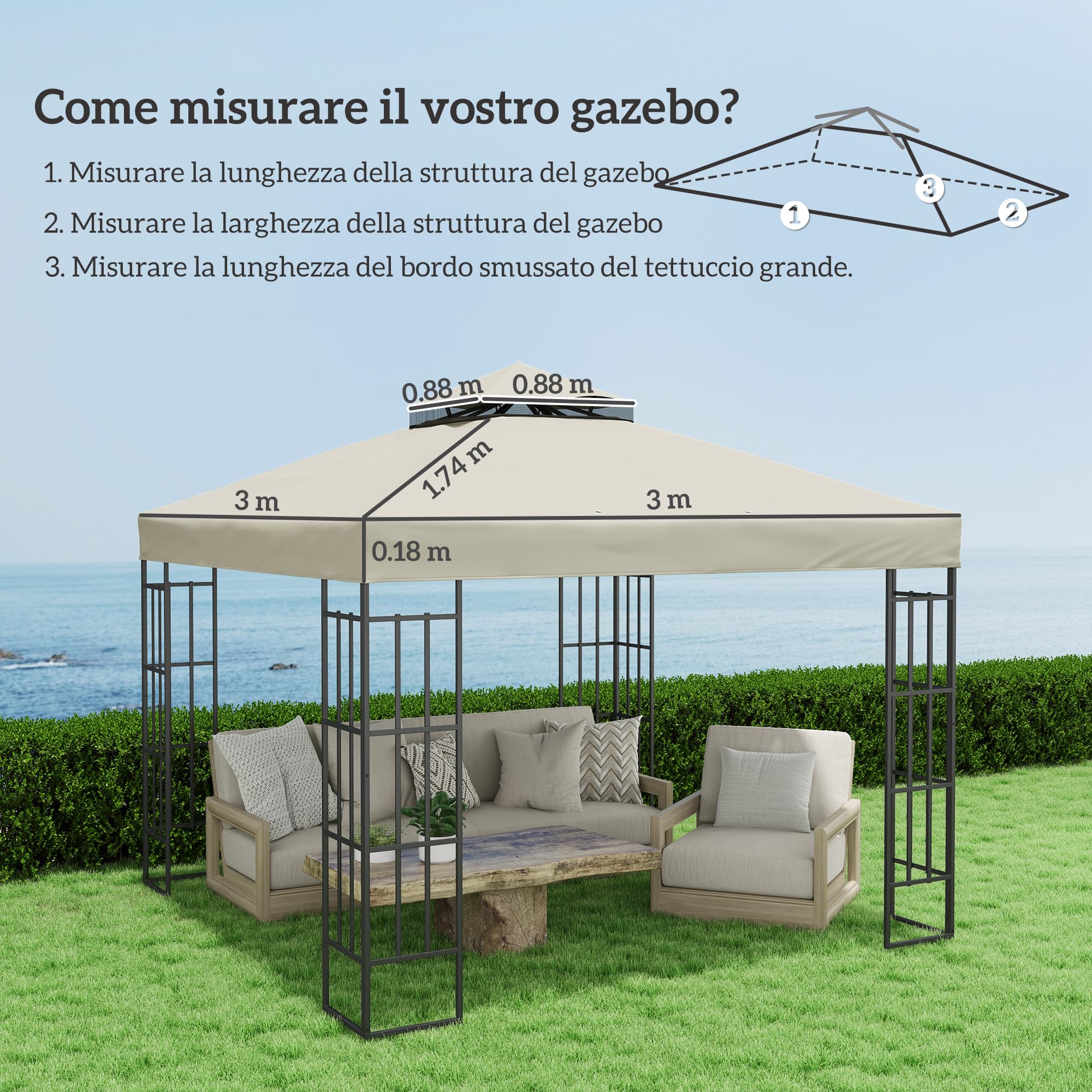 Outsunny Tetto di Ricambio per Gazebo 3x3 m 2 Livelli, Telo Copertura Resistente all'Acqua in Tessuto Oxford 370g/㎡ Anti-UV 30+ con Fori di Drenaggio, Crema