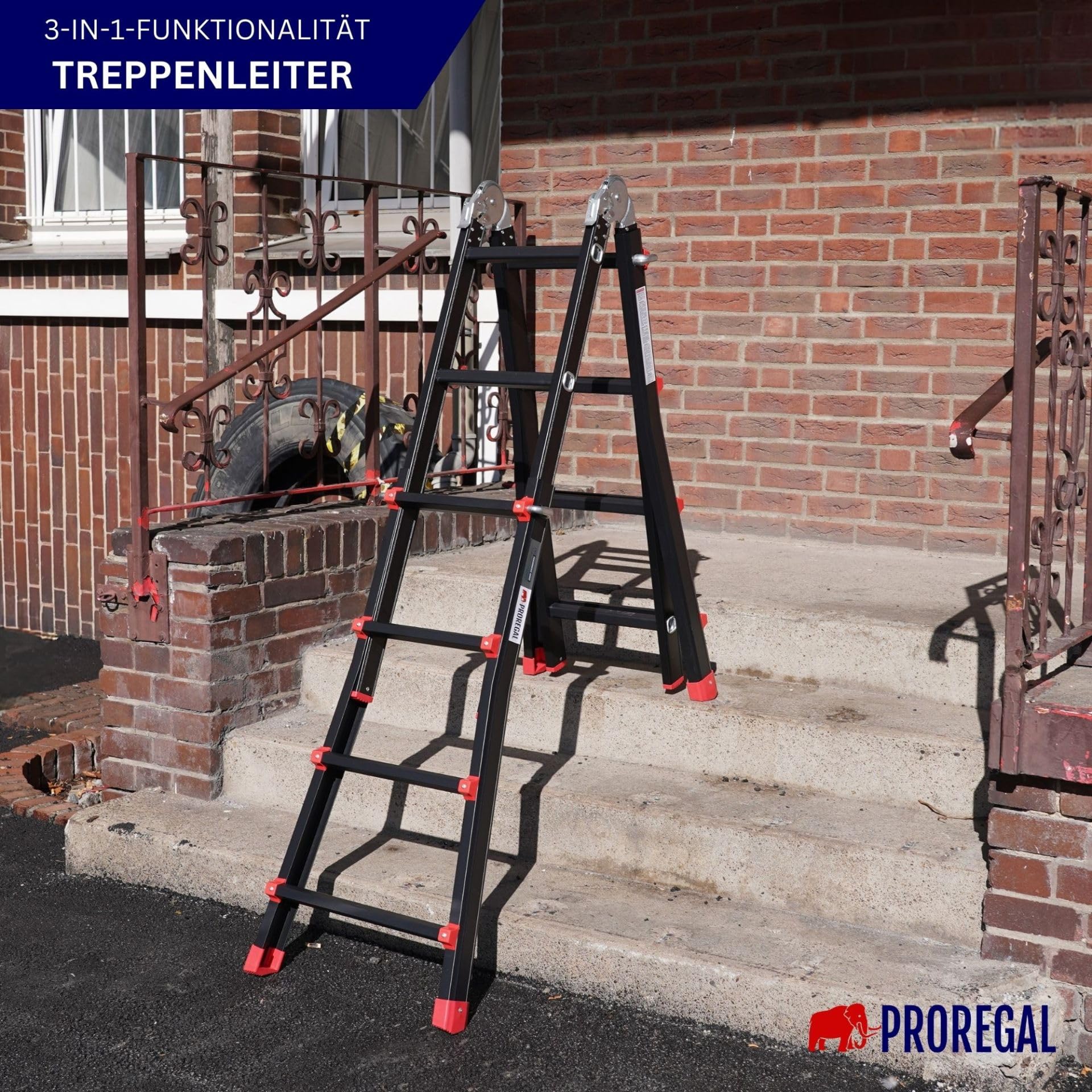 PROREGAL Sprossen-Mehrzweckleiter Apollo 3-in-1 Aluminiumleiter 4x4 Sprossen bis zu 3,7m Höhe Traglast 150kg Schwarz Treppenleiter Klappleiter Teleskopleiter Stehleiter Anlegeleiter