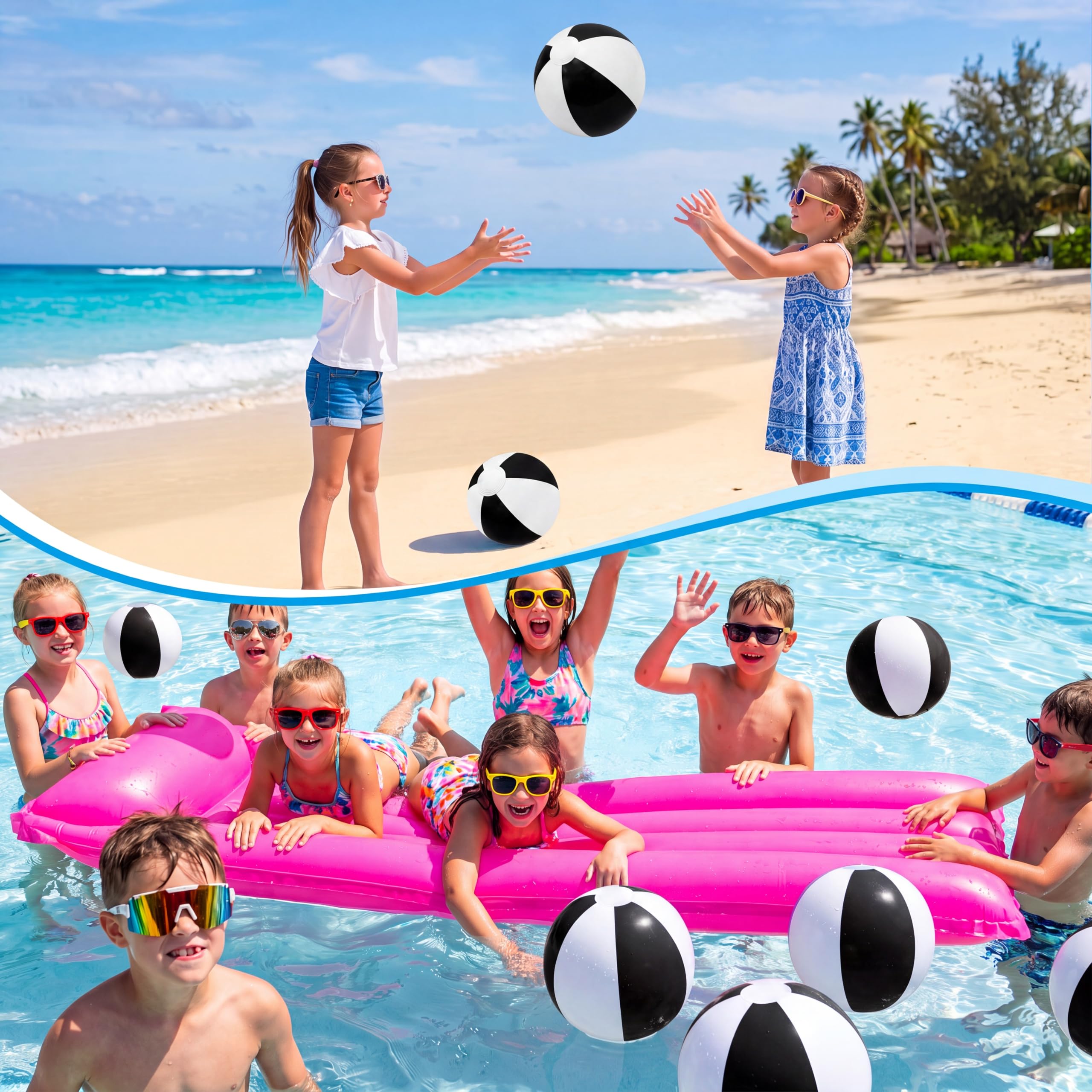 Zhanmai 40 palline da spiaggia gonfiabili, 25,4 cm, per piscina e spiaggia, per adolescenti e adulti, giocattoli per piscina, decorazioni estive hawaiane a tema tropicale, bomboniere (nero e bianco)