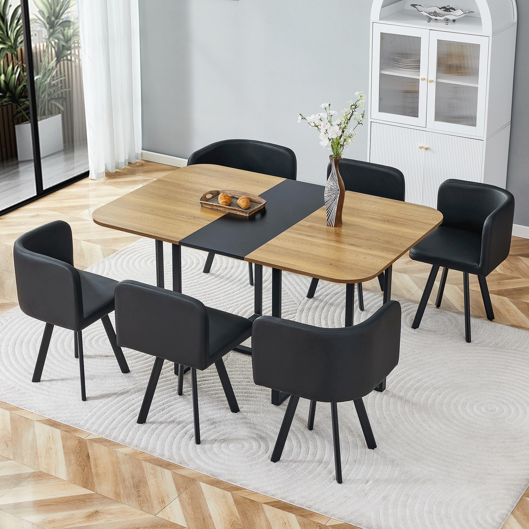 LFVFFA Dining Table Set for 6, 60" Faux Marble and Wood Kitchen Table with 6 PU Leather Chairs,Modern Retangular Dining Table Set for Kitchen,Living