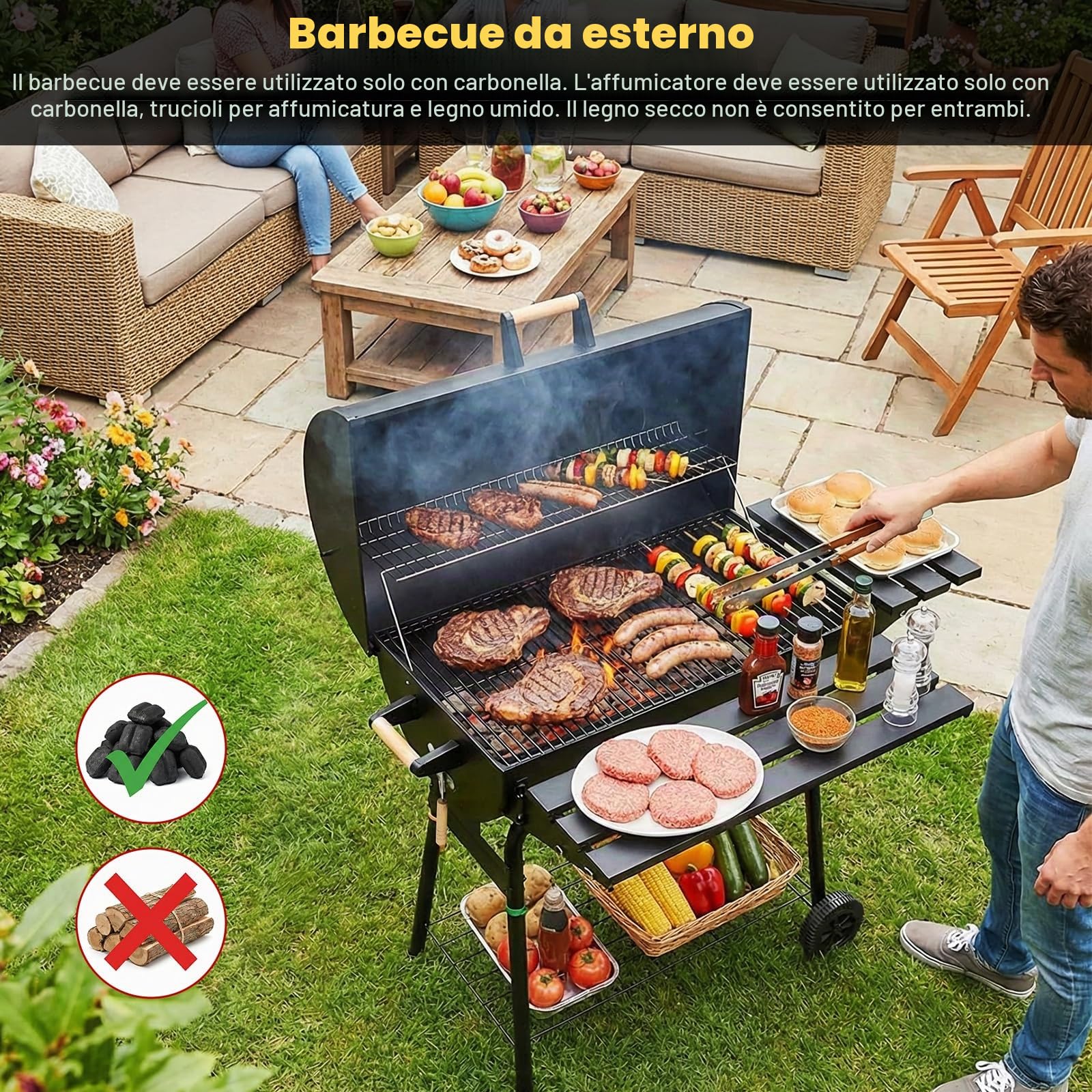 TLSUNNY Barbecue a Carbone con Coperchio, Barbecue da Giardino con Camino, Termometro, 2PCS Ruote, Fessure di Ventilazione Regolabili, Affumicatore BBQ Smoker per Giardino, Terrazzo, Campeggi