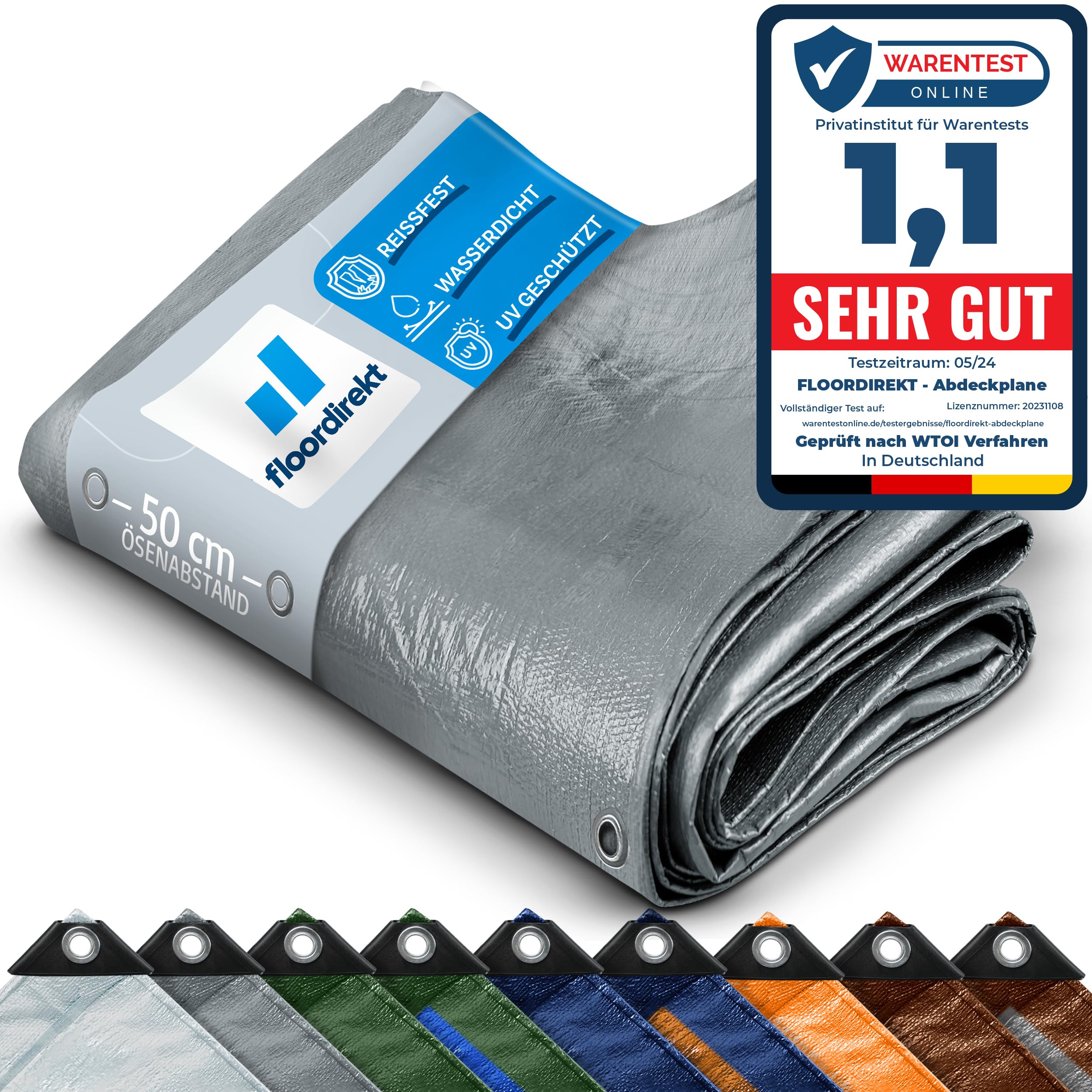 Floordirekt Tarpaulin, All-weather Waterproof, Heavy-Duty Tarp (1.5 x 6 m (140 g/m²) Silver) Protective Tarpaulin for Tents, Camping Underlay, Outdoor & Garden | With Eyelets