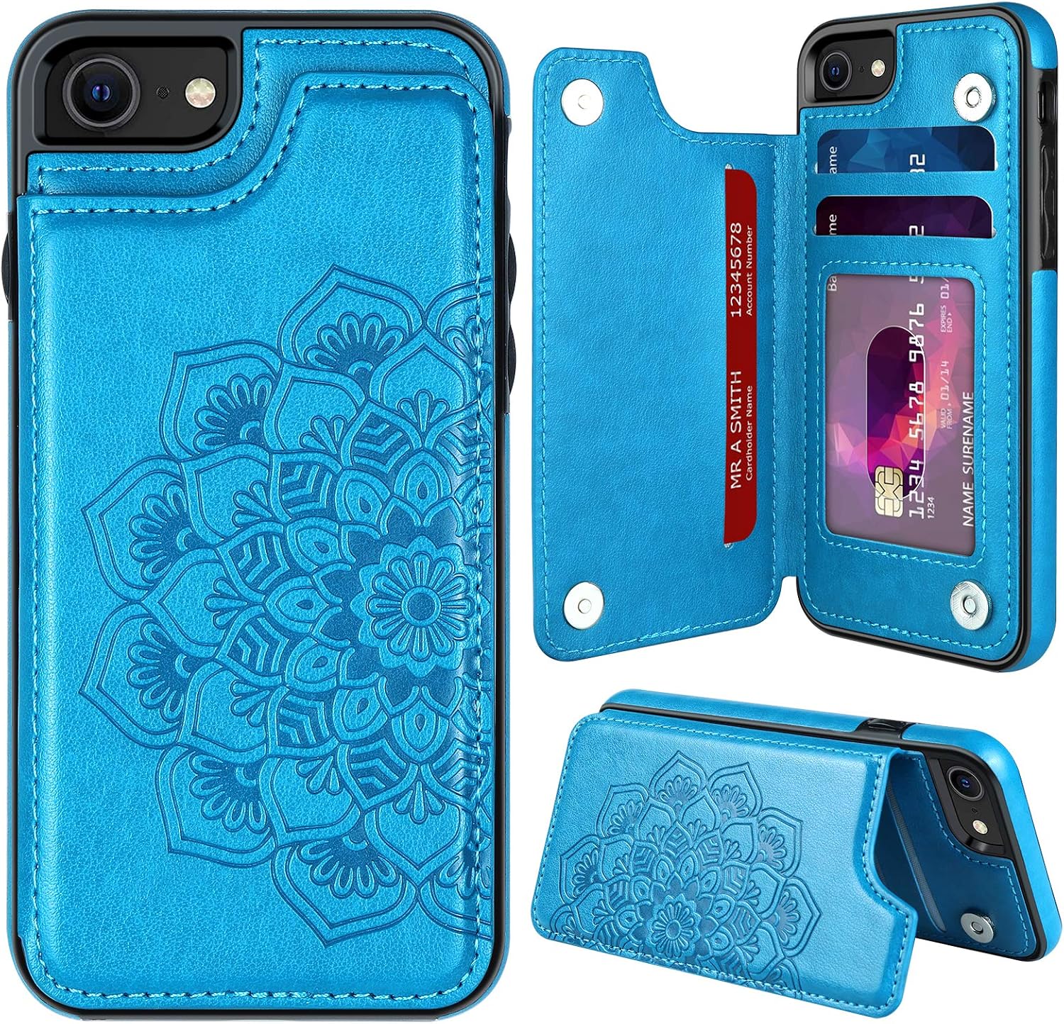 MMHUO for iPhone 7/8/SE 2020/SE 2022 Case with Card Holder,Flower Magnetic Back Flip Case for iPhone 7/8/SE 2020 Wallet Case for Women,Protective Case Phone Case for iPhone 7/8/SE 2020/SE 2022,Blue