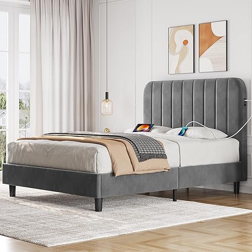 Miniatura 1 de Topeakmart Marco de cama tapizado de terciopelo completo con 2 estaciones de carga USB integradas, cabecera capitonada de canal, base de colchón,