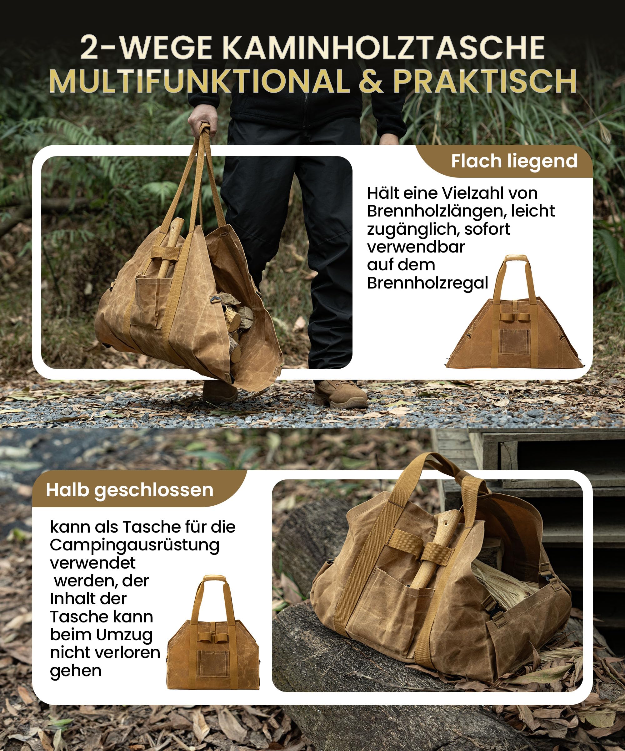 OneTigris Borsa per legna da ardere, 2 in 1, porta legna da ardere in tela cerata, impermeabile, extra grande supporto per legna da ardere con manici, cestino in legno per campeggio, barbecue e