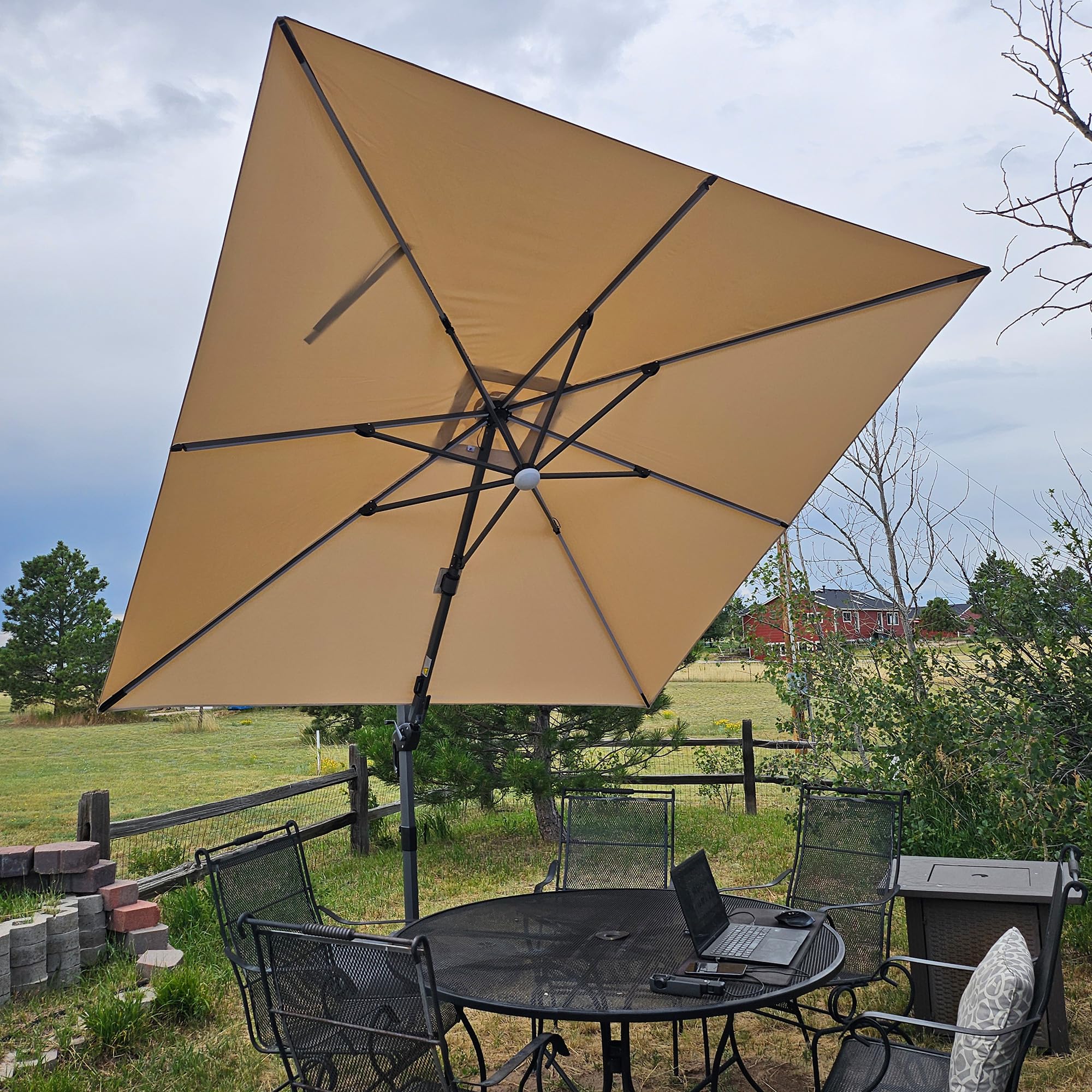PURPLE LEAF10 Feet Patio Umbrella Outdoor Cantilever Solar Powered LED Swivel Square Umbrella Aluminum Offset Umbrella with 360-degree Rotation for Garden Deck Pool Patio, Beige