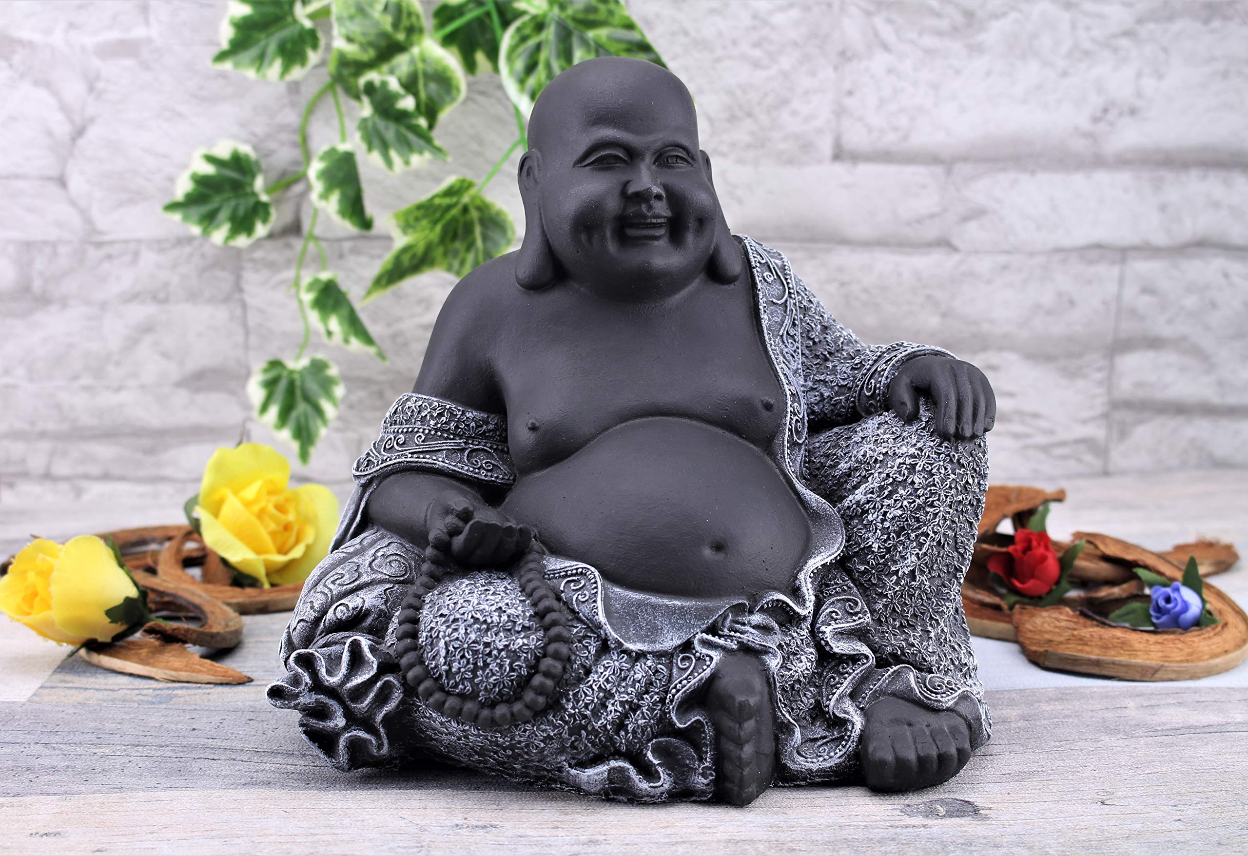 Steinfigur Buddha, 197/1 Glücksbuddha Gartenfigur Steinguss Statue Basaltgrau Schwarz