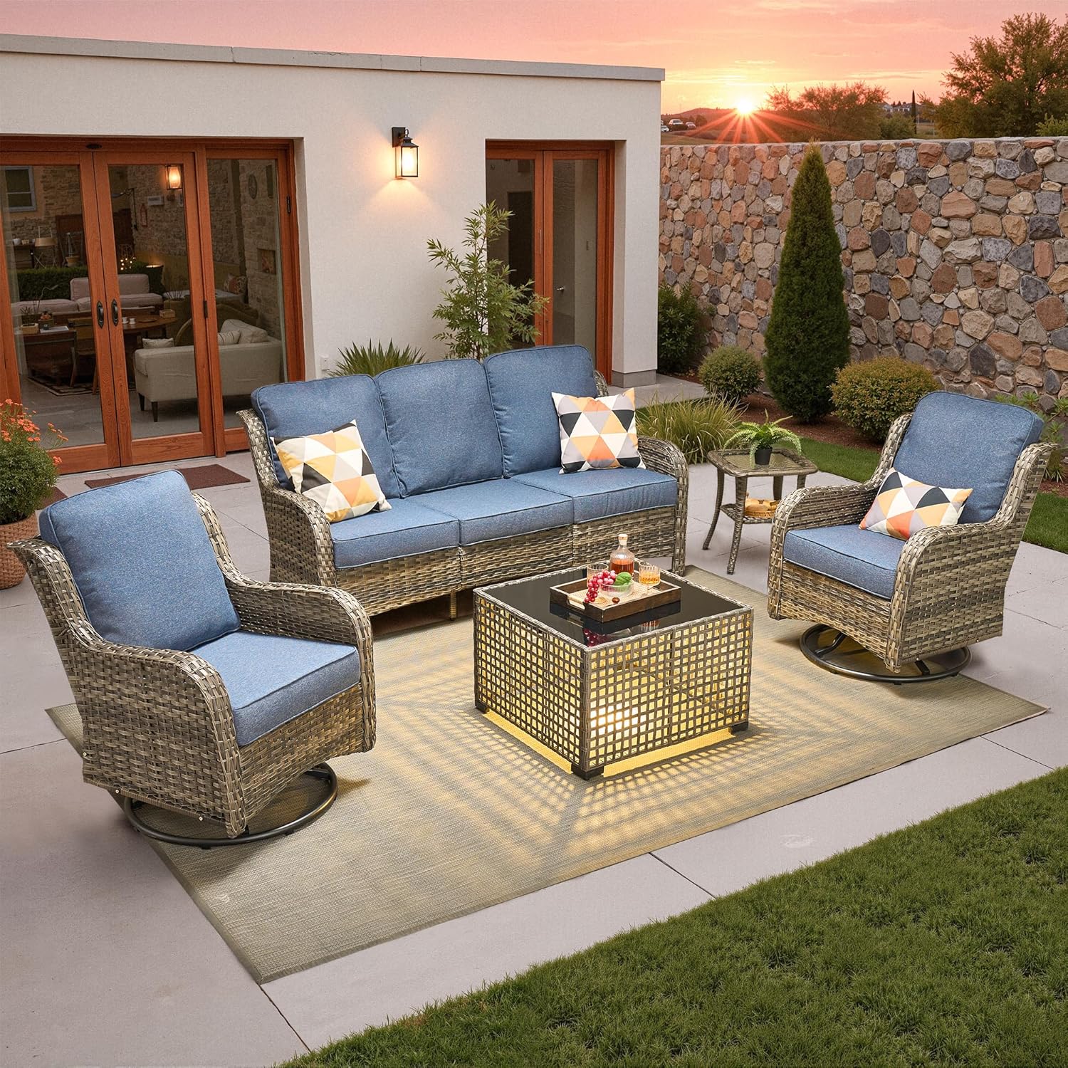 5 PCS Outdoor Patio Furniture Sets with 2 Wicker Rocking Chair,Patio Conversation Set with Solar Light Coffee Table,Outside Rattan Sofa with Comfy Cushion for Backyard Porch Garden Poolside,Light Blue