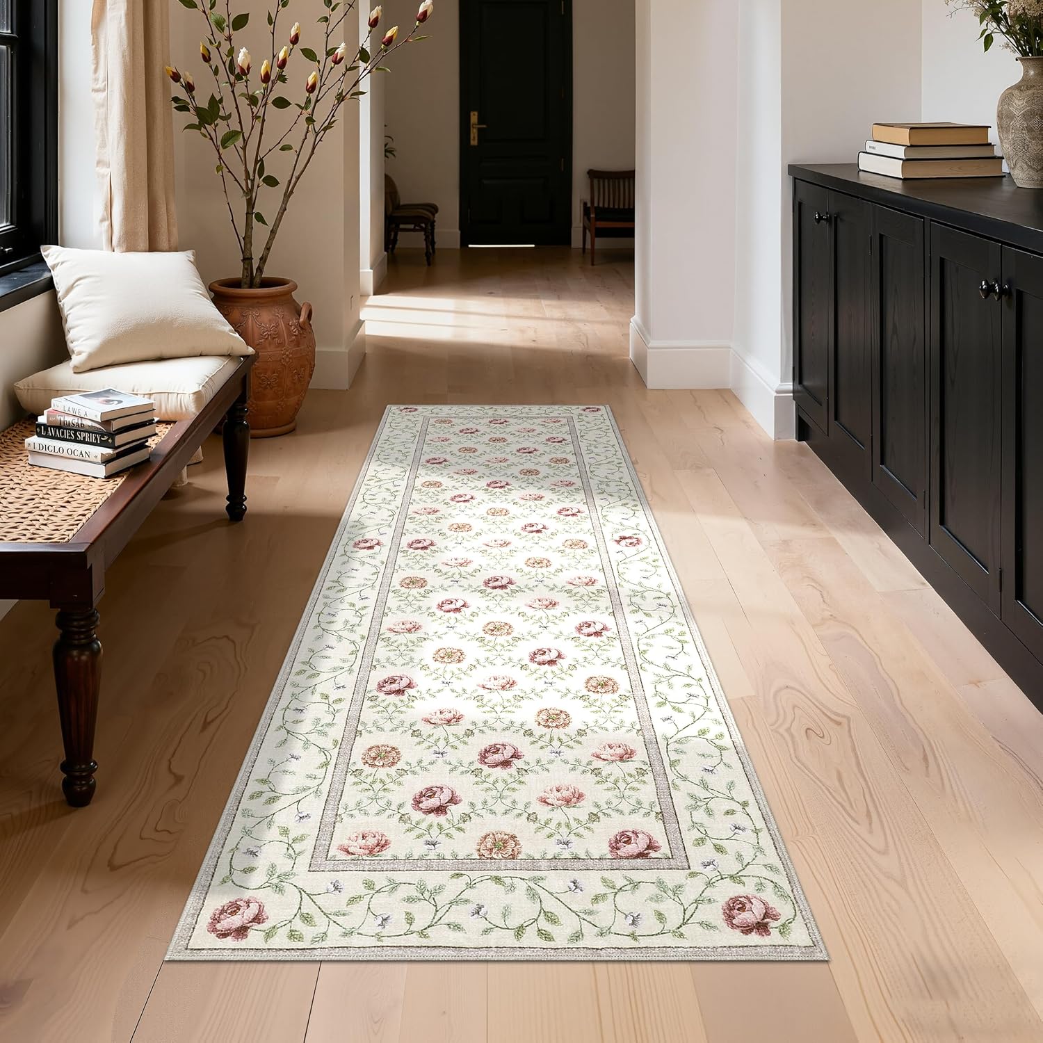 GarveeHome Runner Rug for Hallways 2x6 Kitchen Rugs, Non Slip Washable Vintage Floral Runners Soft Low Pile Botanical Print Stain Resistance Long Carpet for Entryway Bedroom, Beige