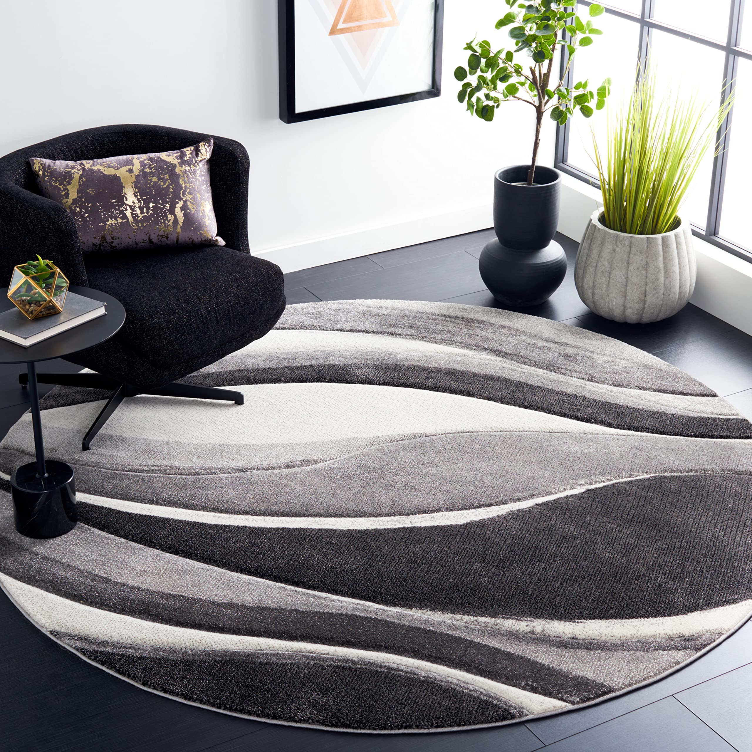 SAFAVIEH Hollywood Collection Area Rug - 8' Round, Grey & Ivory, Modern Design, Non-Shedding & Easy Care, Ideal for High Traffic Areas in The Living