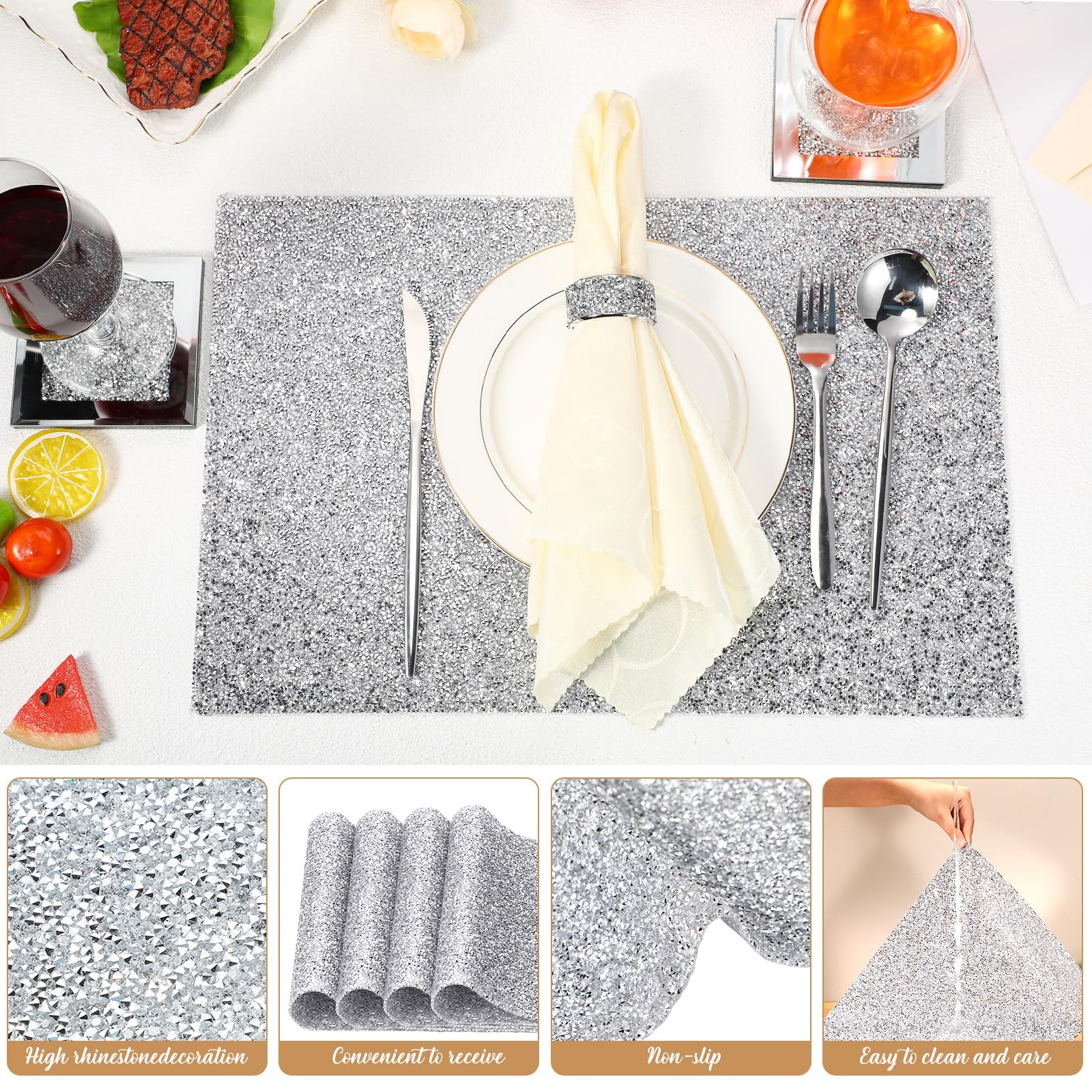 Dandat Set di 12 portatovaglioli argentati con strass argentati, sottobicchieri a specchio, include 4 tovagliette circolari, 4 sottobicchieri in vetro, 4 portatovaglioli per tavolo da pranzo