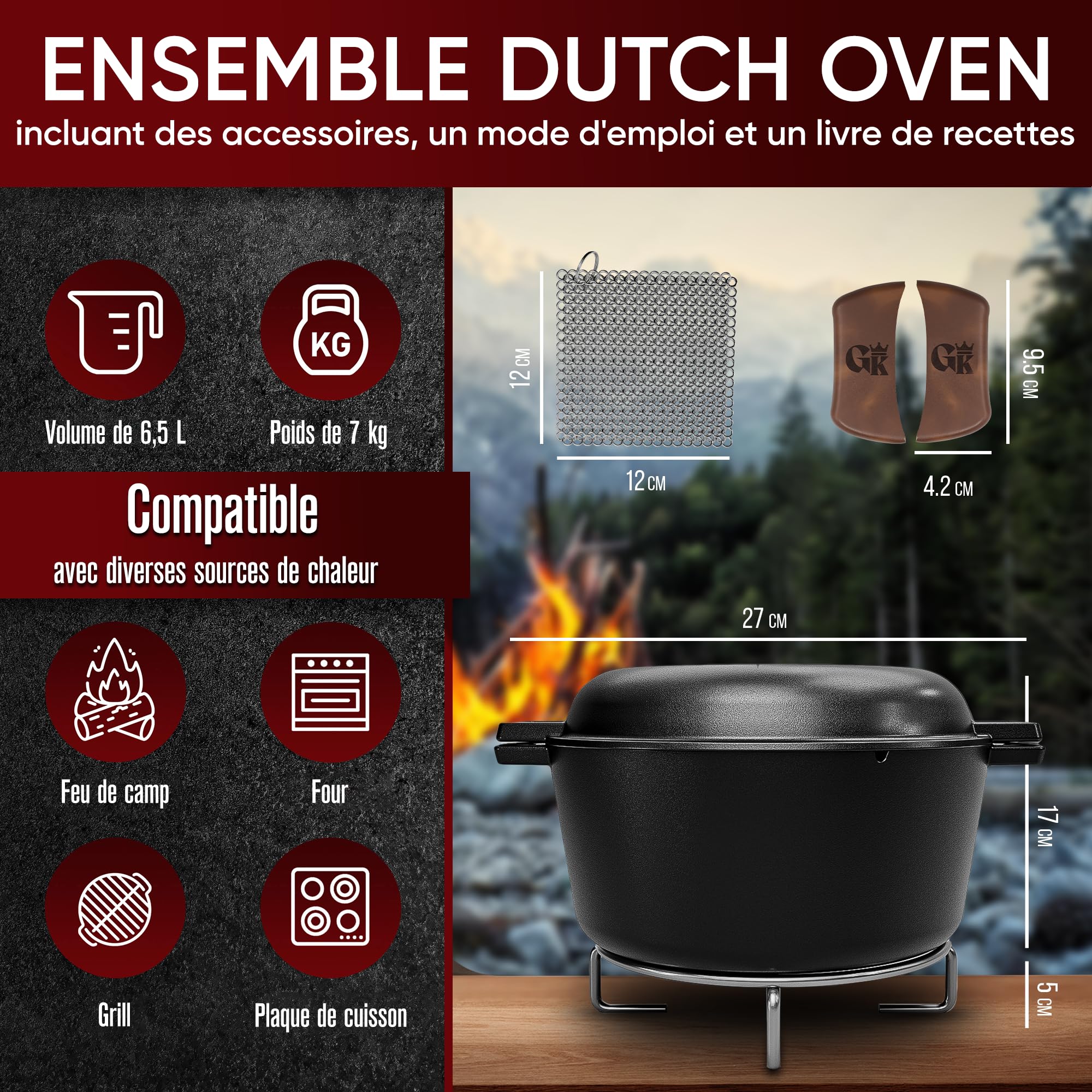 GUSSKÖNIG Dutch Oven 2-en-1 (4,8 L) avec poêle (1,8 L) en matériau robuste – Cocotte Norvégienne avec accessoires et livre de recettes – Idéal BBQ, camping, cuisine.