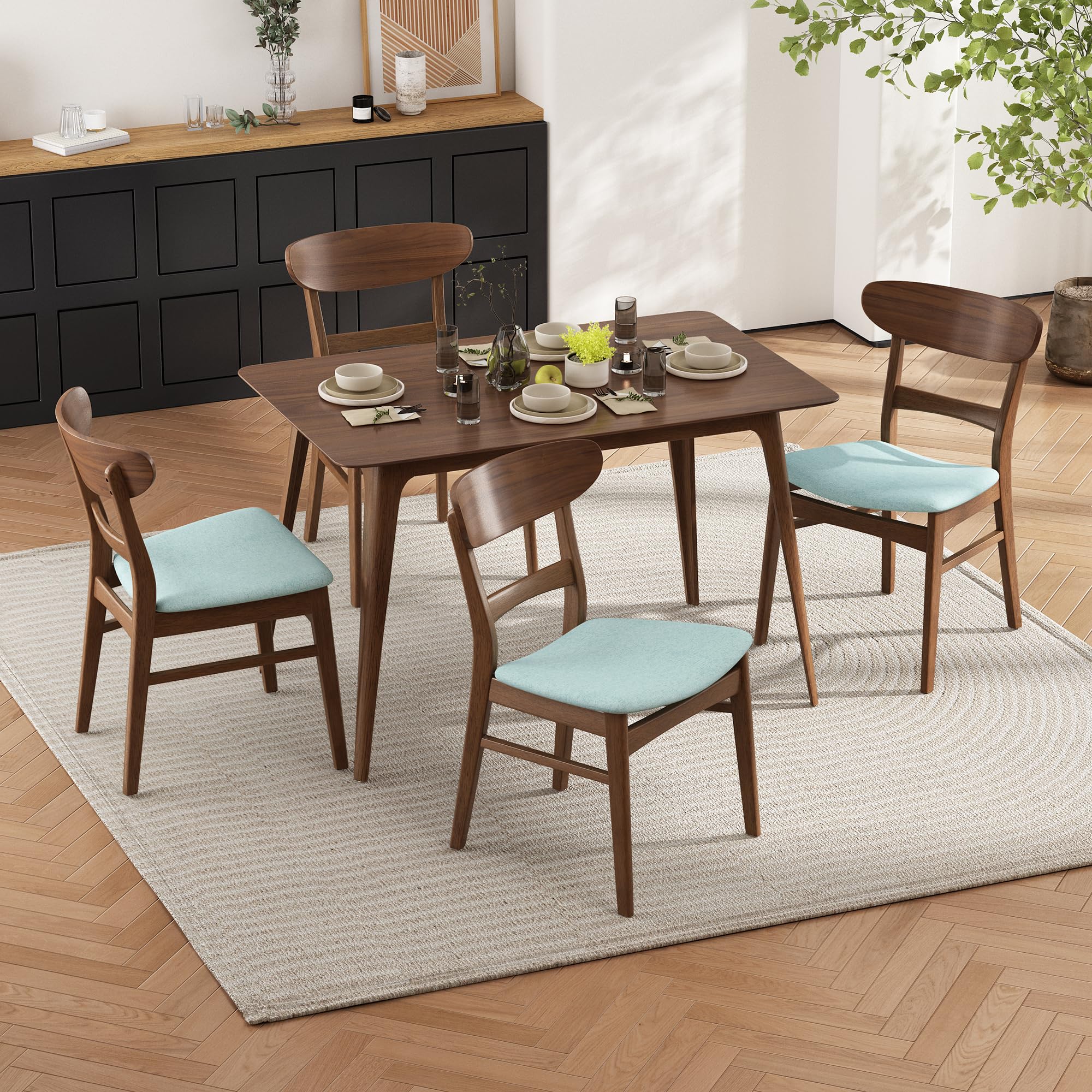 FINTHOMING Dining Chairs Set of 4, Mid Century Modern Dining Chairs with Curved Backrest and Wood Legs, Walnut Finished Frame Upholstered Dining Room