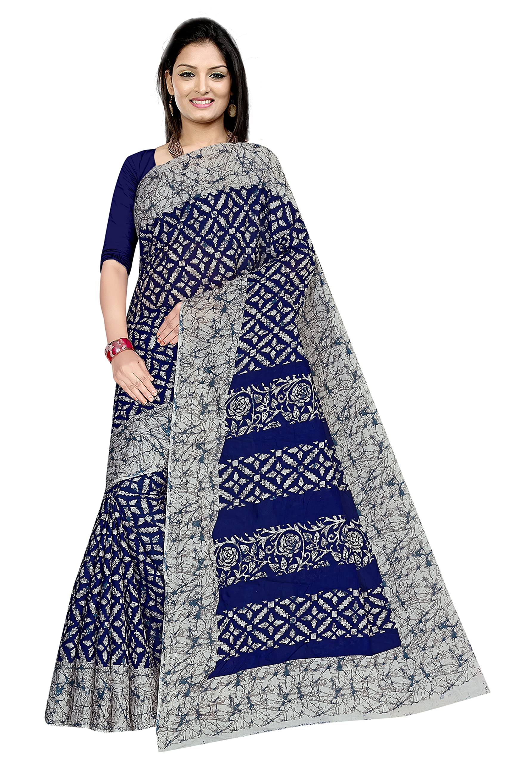 Tamaira Fashion Women's Plain Weave Pure Cotton Saree Without Blouse Piece (2369_Greyandblue)