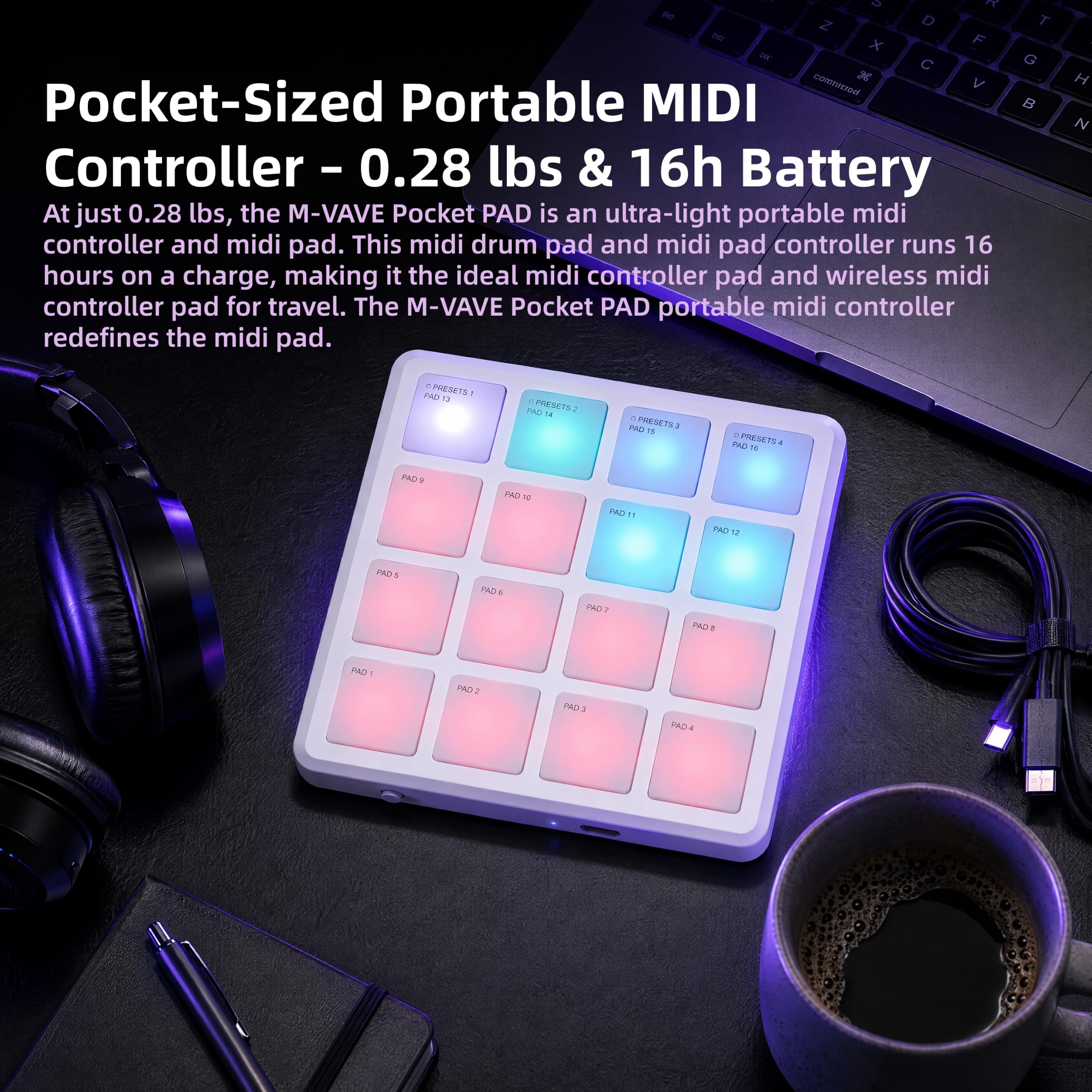 M-VAVE SMC-PAD Pocket PAD - Controlador inalámbrico MIDI de tambor, 16 almohadillas RGB sensibles a la velocidad con Aftertouch, almohadilla MIDI portátil, recargable, repetición de notas, para DAW
