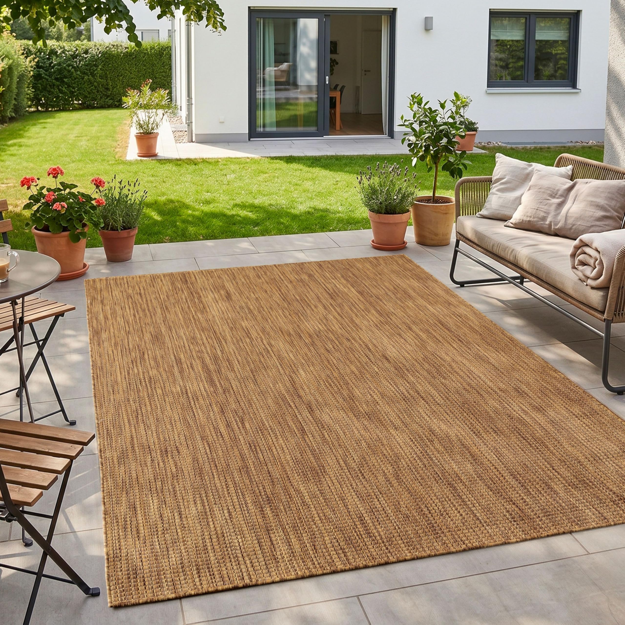 HomebyHome Outdoor Teppich Beige Balkon Terrasse Garten Wetterfest UV-beständig Teppich Einfarbig Flachgewebe Pflegeleicht Robust Modern