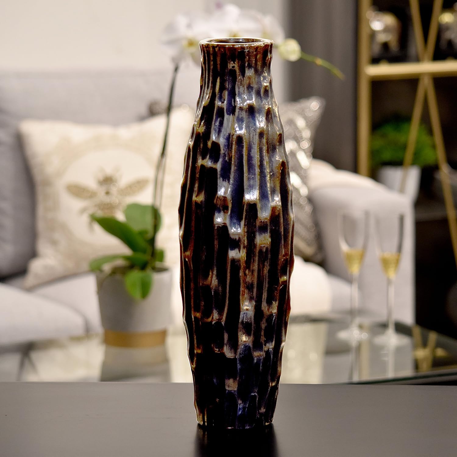Urban Trends Ceramic Round Bellied Embossed Rectangular Design Body and Tapered Bottom LG Distressed Finish Black Vase