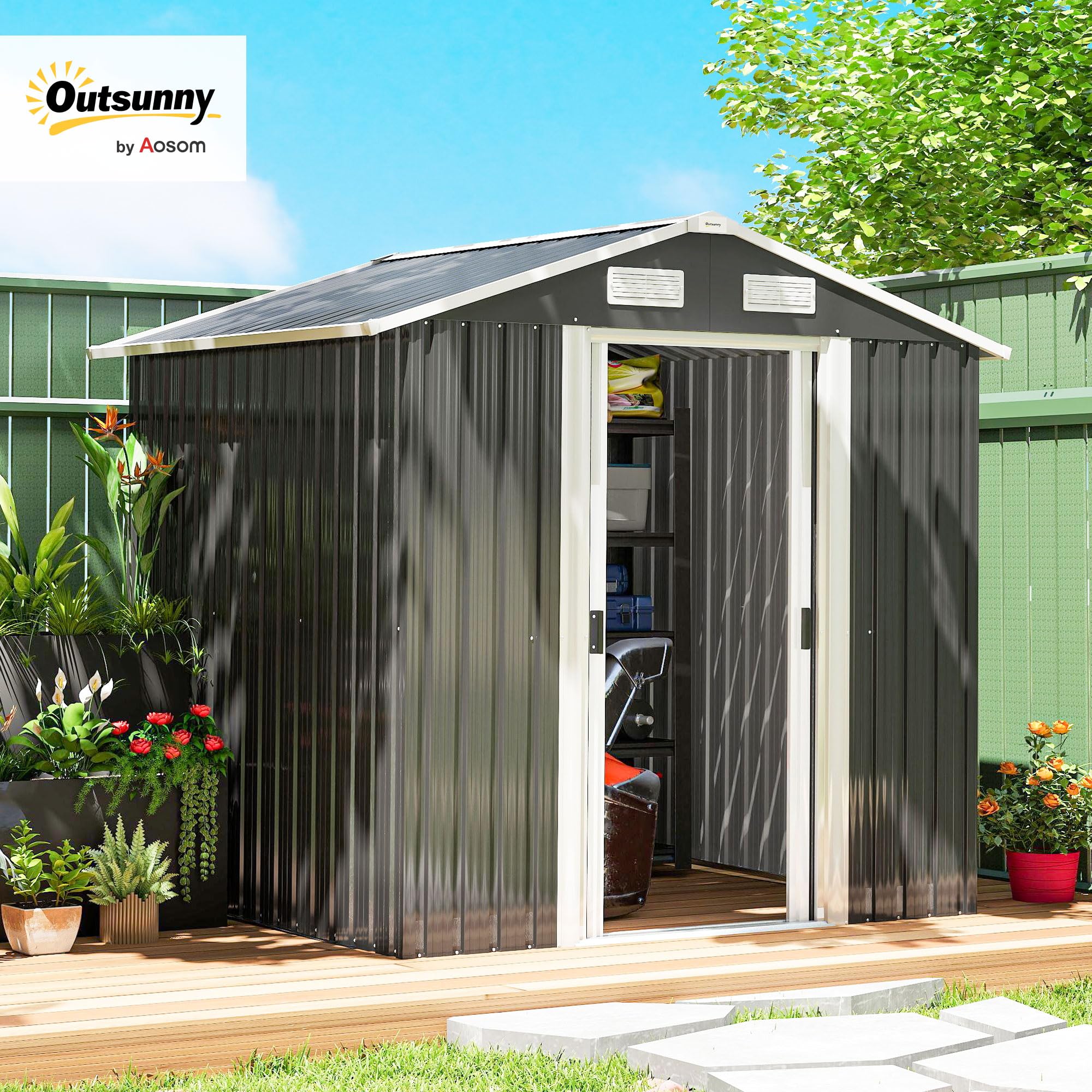 Outsunny Casetta da Giardino 2.8m² Acciaio Zincato con Prese d'Aria, Capanno Attrezzi 2 Porte Scorrevoli, 195.5x158.5x188 cm, Nero