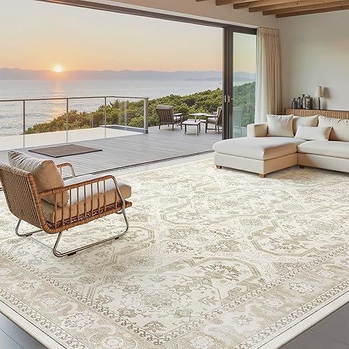 8x10 Area Rugs, Washable Rugs, Large Stain Resistant Beige Area Rug for Living Room Bedroom Dining Room, Vintage Farmhouse Rug
