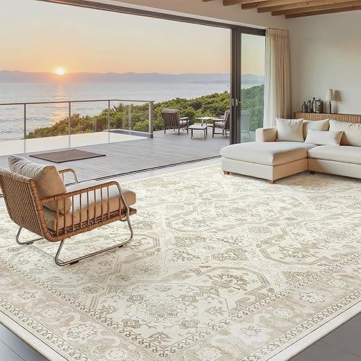 8x10 Area Rugs, Washable Rugs, Large Stain Resistant Beige Area Rug for Living Room Bedroom Dining Room, Vintage Farmhouse Rug