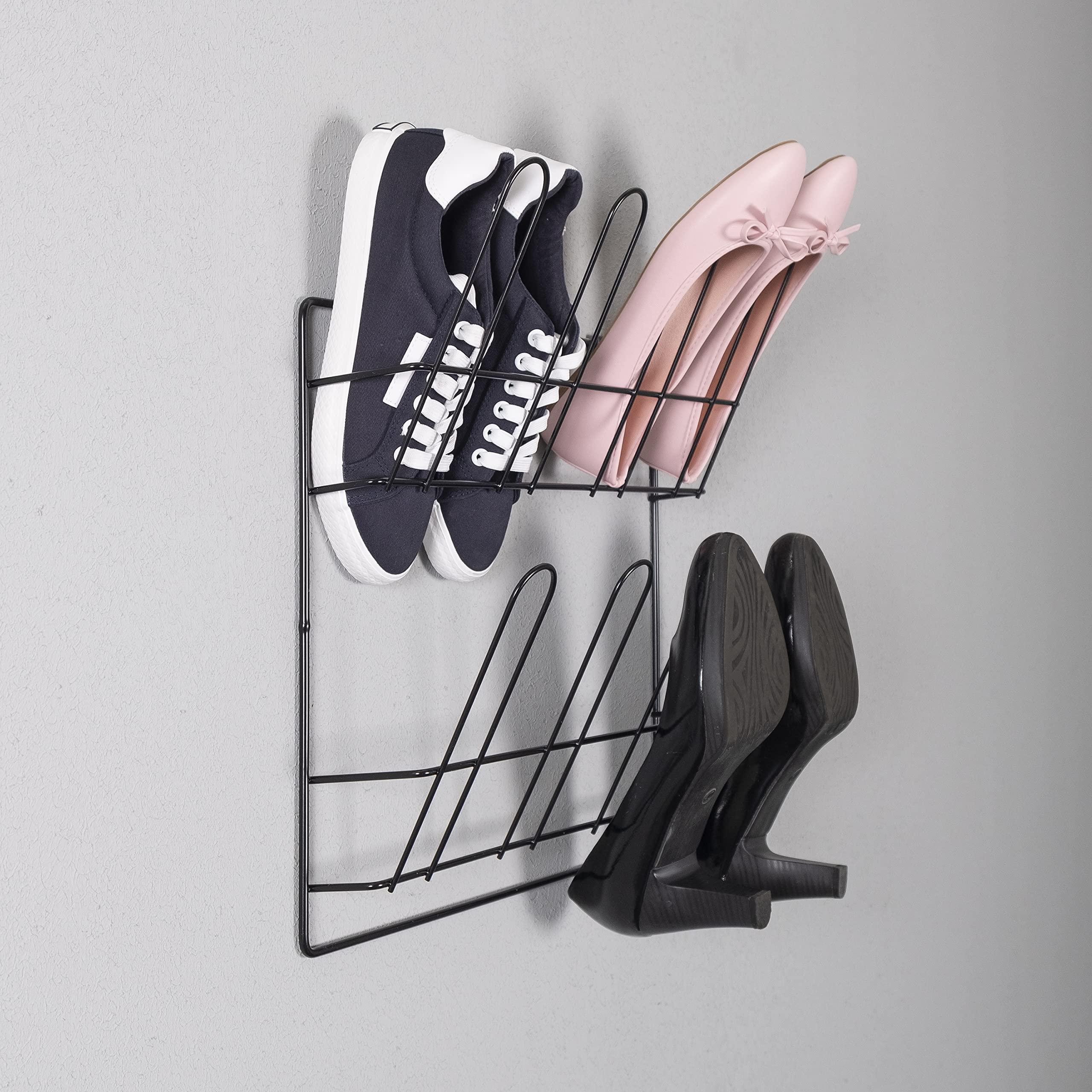LM 322/2 Schuhregal Schwarz schmal hängend, Wand und Tür Organizer für Schuhe, Ordnungssystem Kleiderschrank, Schuhaufbewahrung platzsparend aus Metall, 42cm breit, Schwarz