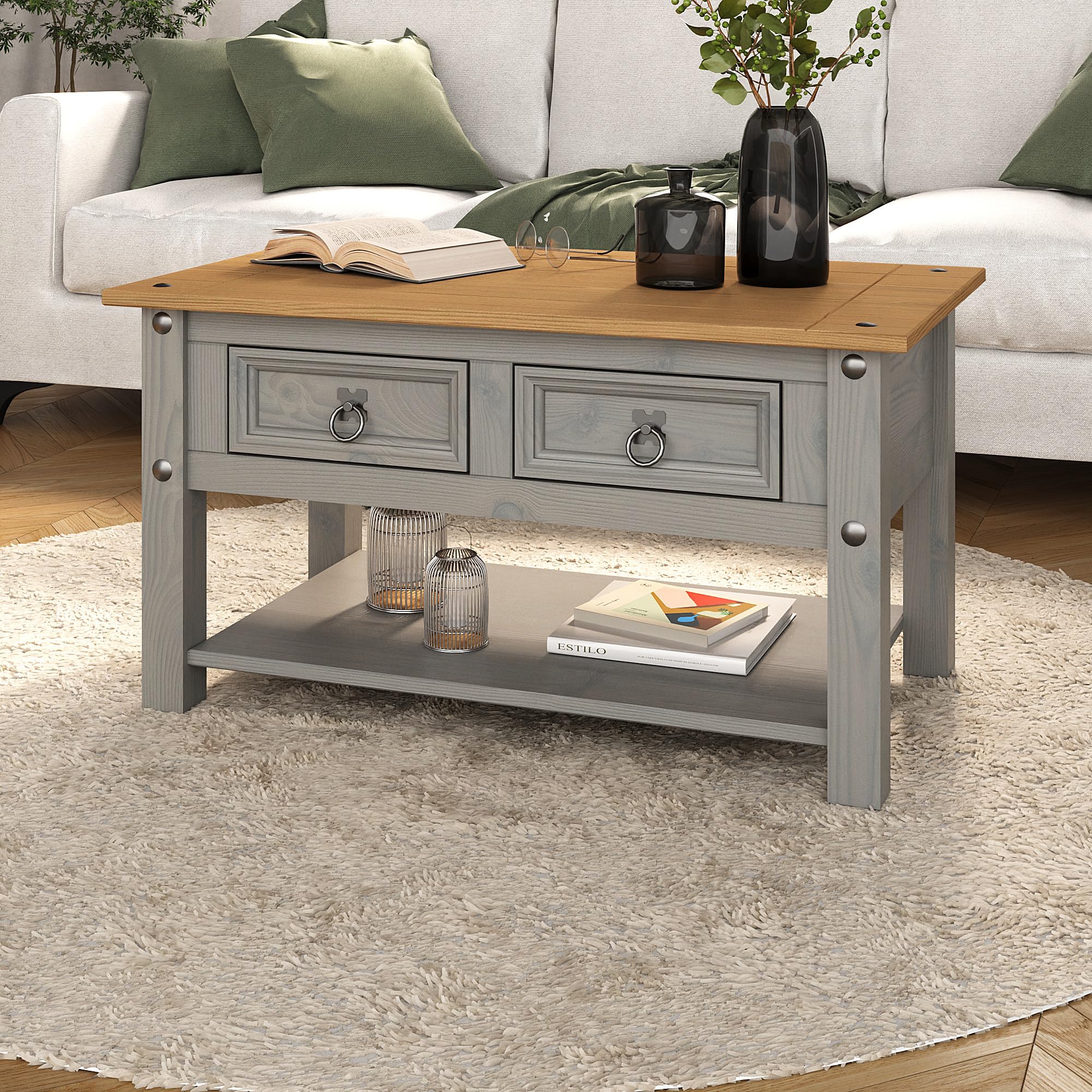 Corona Grey 2 Drawer Coffee Table Occasional Mexican Solid Pine Two Tone