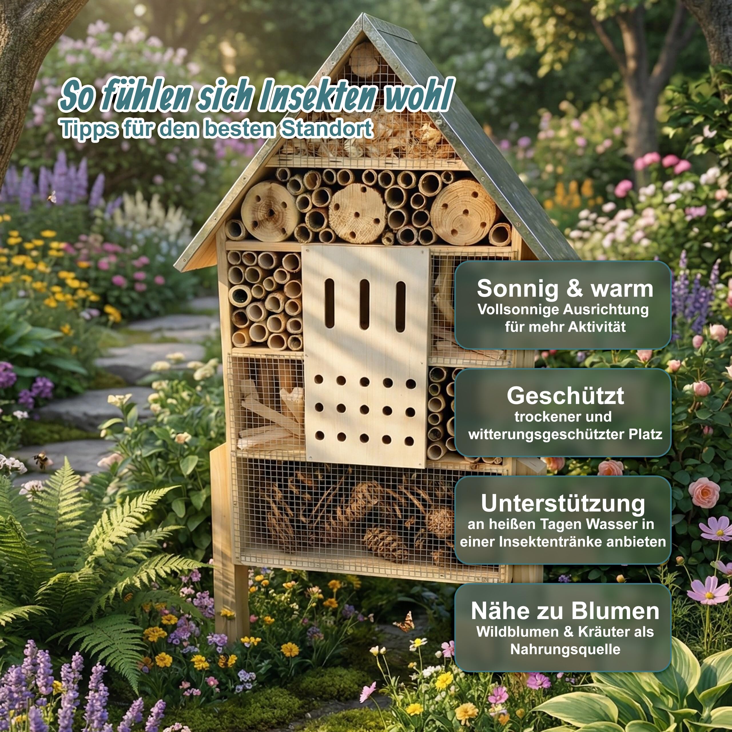 Relaxdays Insektenhotel mit Ständer, Holz, wetterfestes Metalldach, HxBxT: 77 x 38 x 10 cm, Insektenhaus, Natur/Silber
