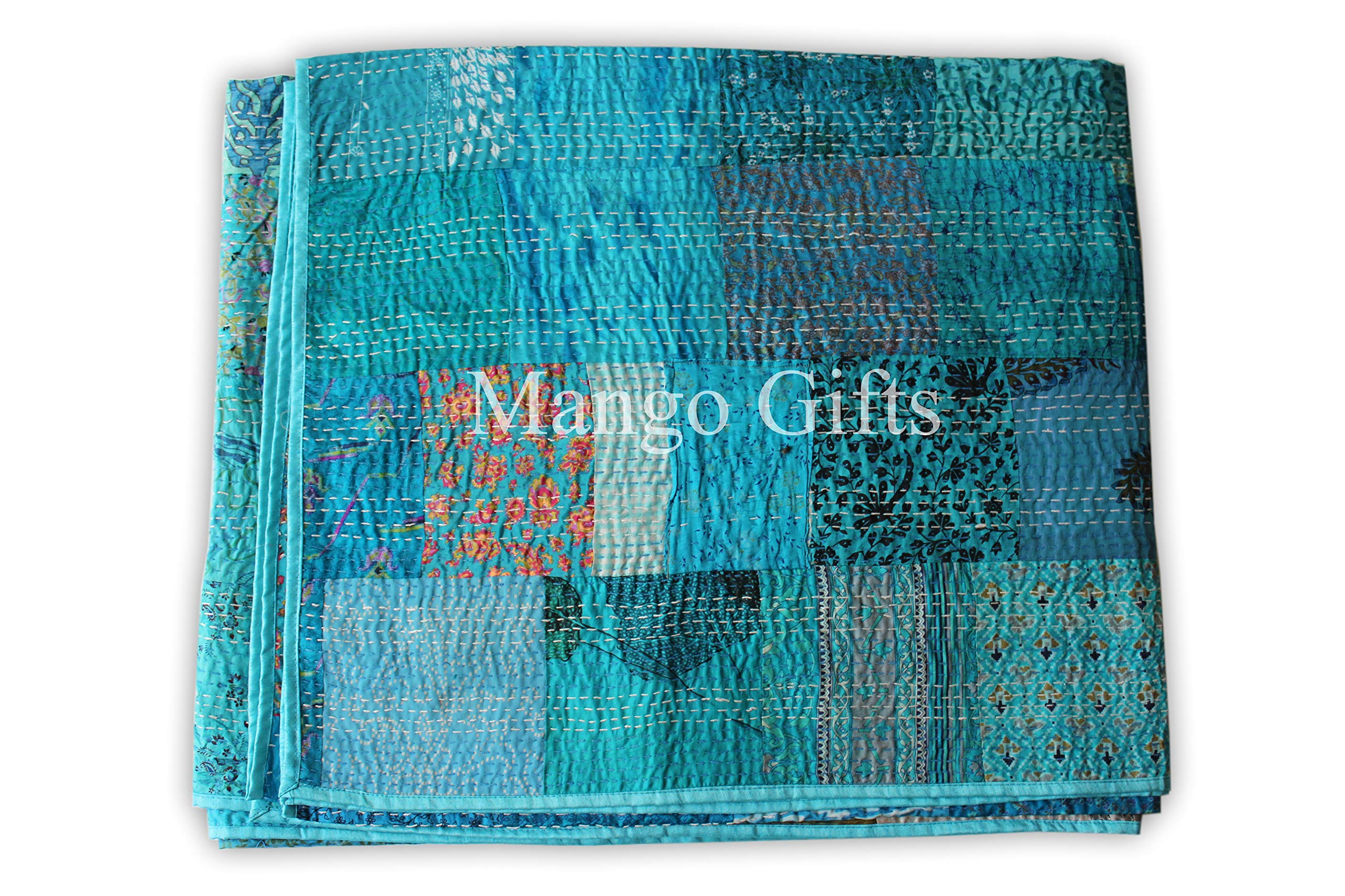 Couvre-lit Sari Kantha turquoise sublime pour sublimer votre chambre
