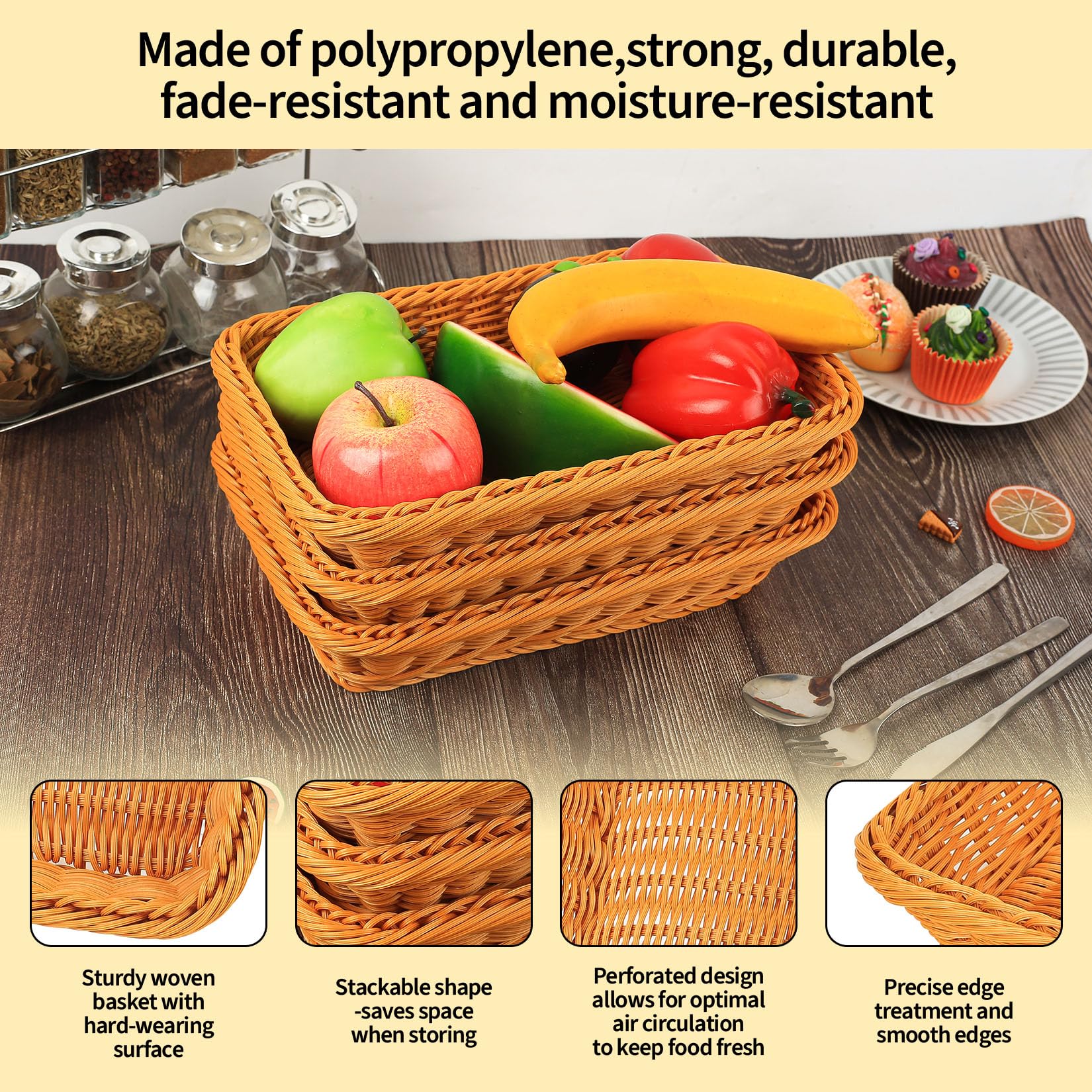 Set di 3 Cestino Pane da Tavola, Porta Pane da Cucina, Cestini Vimini, Cestini Regalo per Frutta, ristoranti, servizio di cibo, domestica (30 x 20 x 7 cm)