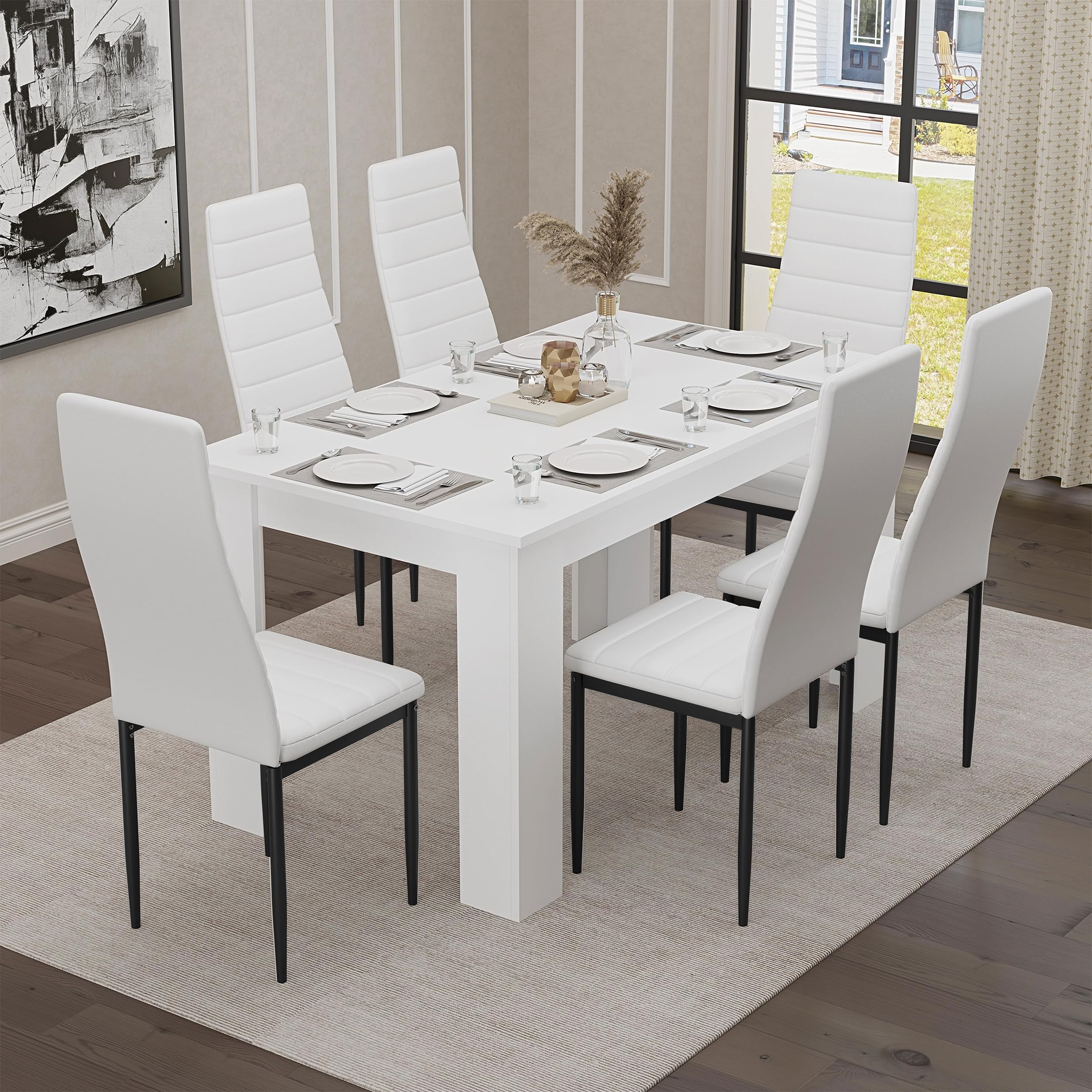 Blisswood Dining Table and 6 Chairs Set, Dining Table Set, Dining Room Chairs and 17mm Thick Table Top 140 x 80 cm Long Wooden Dining Table Modern Design for Home Kitchen Furniture White