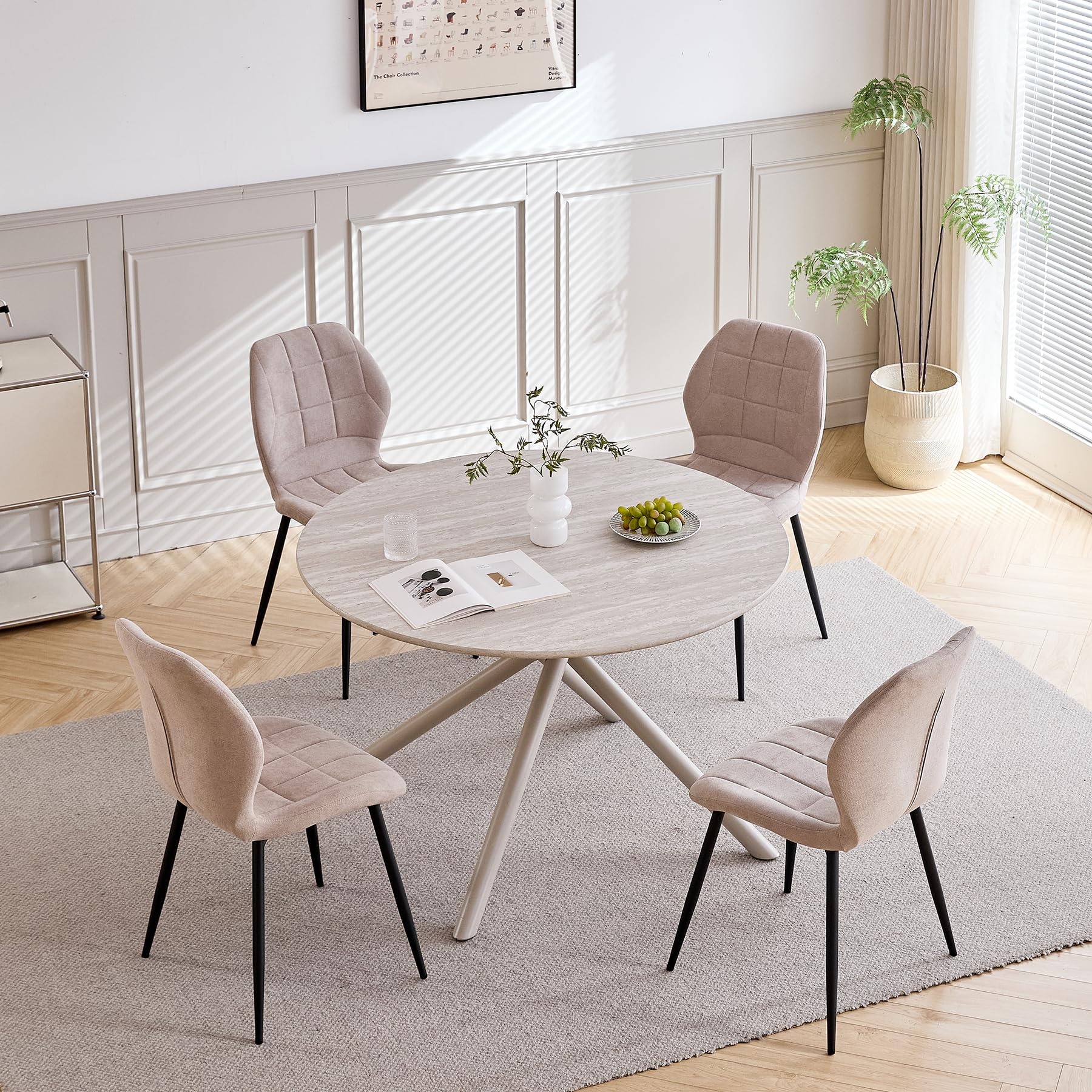 Conjunto de Comedor, Mesa Redonda de Madera de 115 x 115 x 73 cm, con 4 Sillas de Cocina Tapizadas con Respaldo de Lino y Patas de Metal (Mesa Gris Claro + Sillas Beige)
