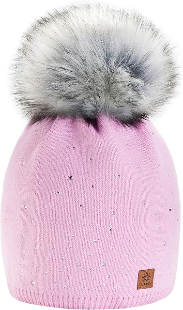 Women Ladies Winter Beanie Hat Wool Knitted with Small Crystals Large Fur Pom Pom Cap SKI Snowboard Hats MFAZ Morefaz Ltd