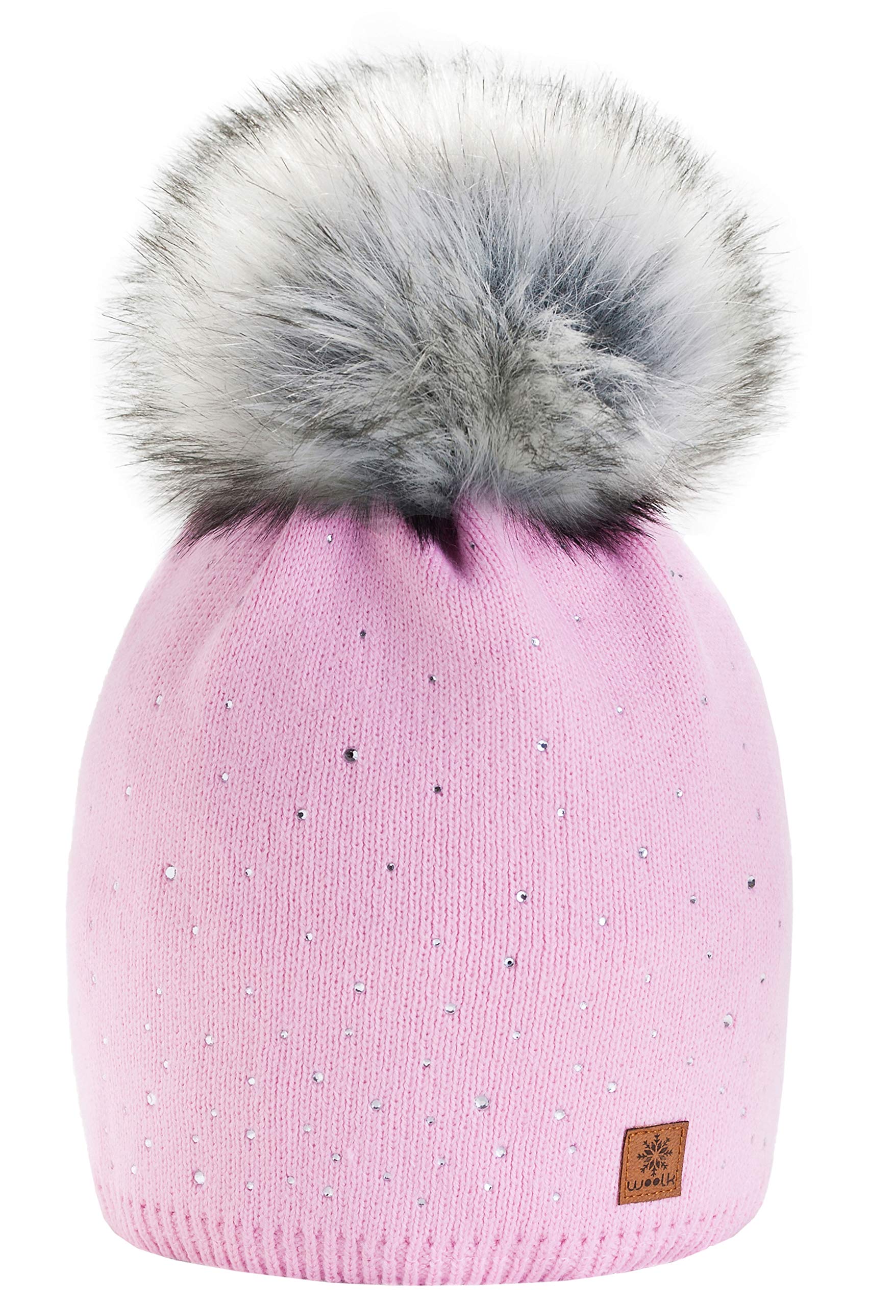 Mfaz Morefaz Ltd Women's Pink Morefaz Winter Beanie Hat Knitted With Small Crystals Large Pom Pom Cap Ski Snowboard Hats Mfaz Ltd (Pink)