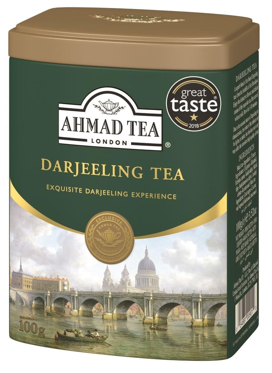 Ahmad Tea Black Tea, Darjeeling Tea Loose Leaf, Metal Tin, 100g - Caffeinated and Sugar-Free
