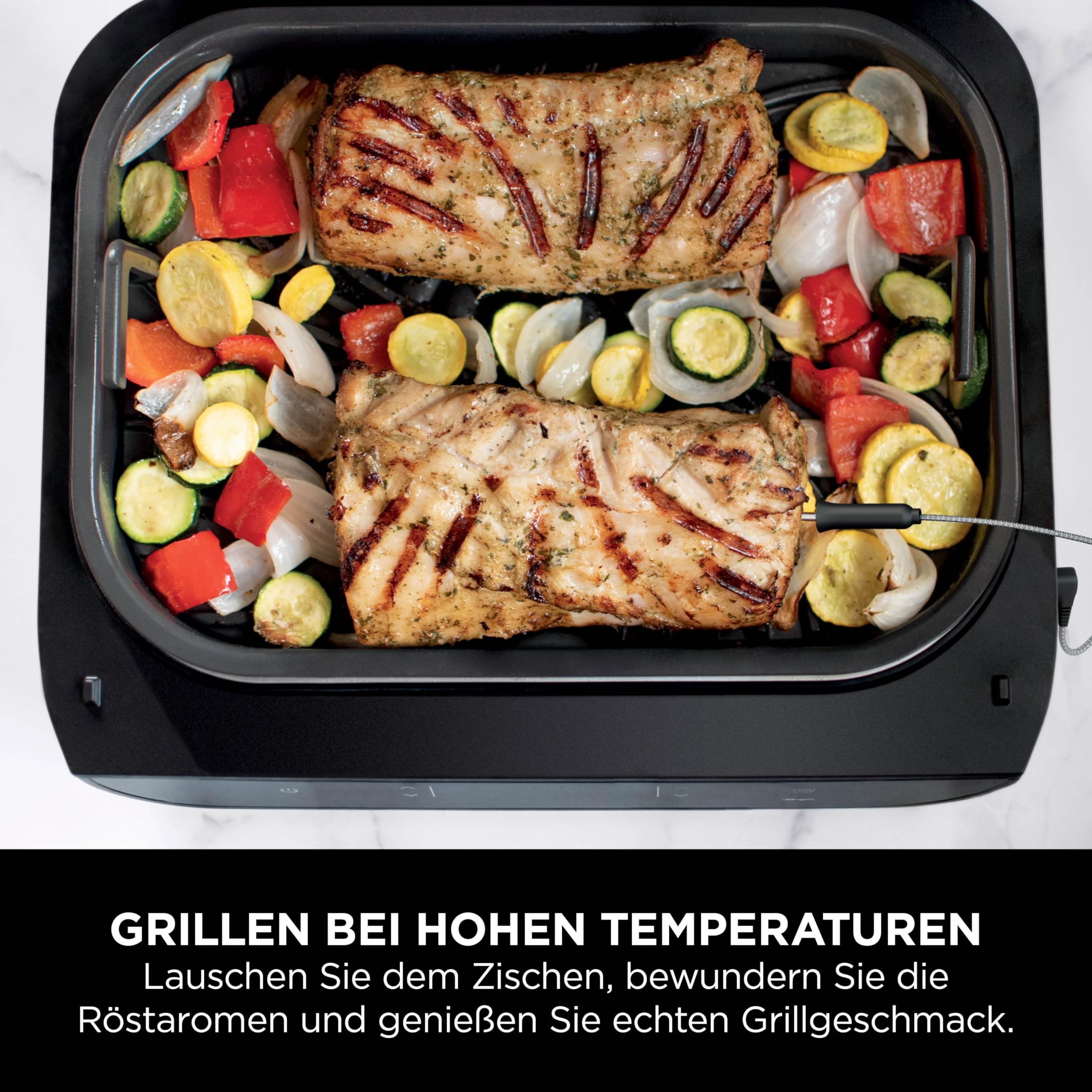 Ninja MAX 6-in-1-Grill & -Heißluftfritteuse für den Innenraum, 6 Kochfunktionen, für bis zu 6 Burger, 3,8-l-Fassungsvermögen, kaum Rauch, enthält digitales Bratthermometer, Grau/Silber, DG551EU