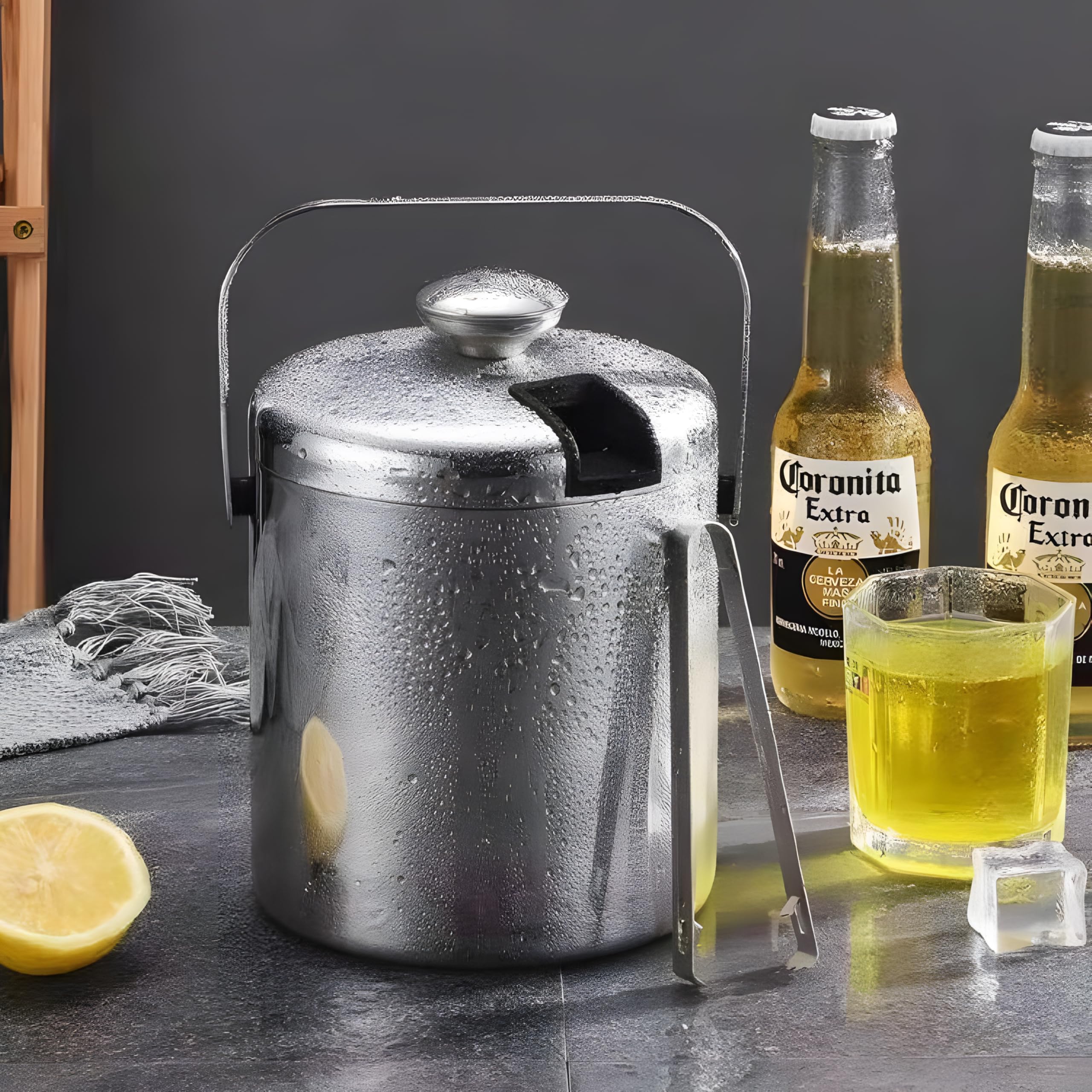 Retoo Secchiello ghiaccio con coperchio e pinza, contenitore per cubetti di ghiaccio, a doppia parete, in acciaio inox, 1,3 litri, per cubetti di ghiaccio, spumante con manico, 20 x 14,5 cm