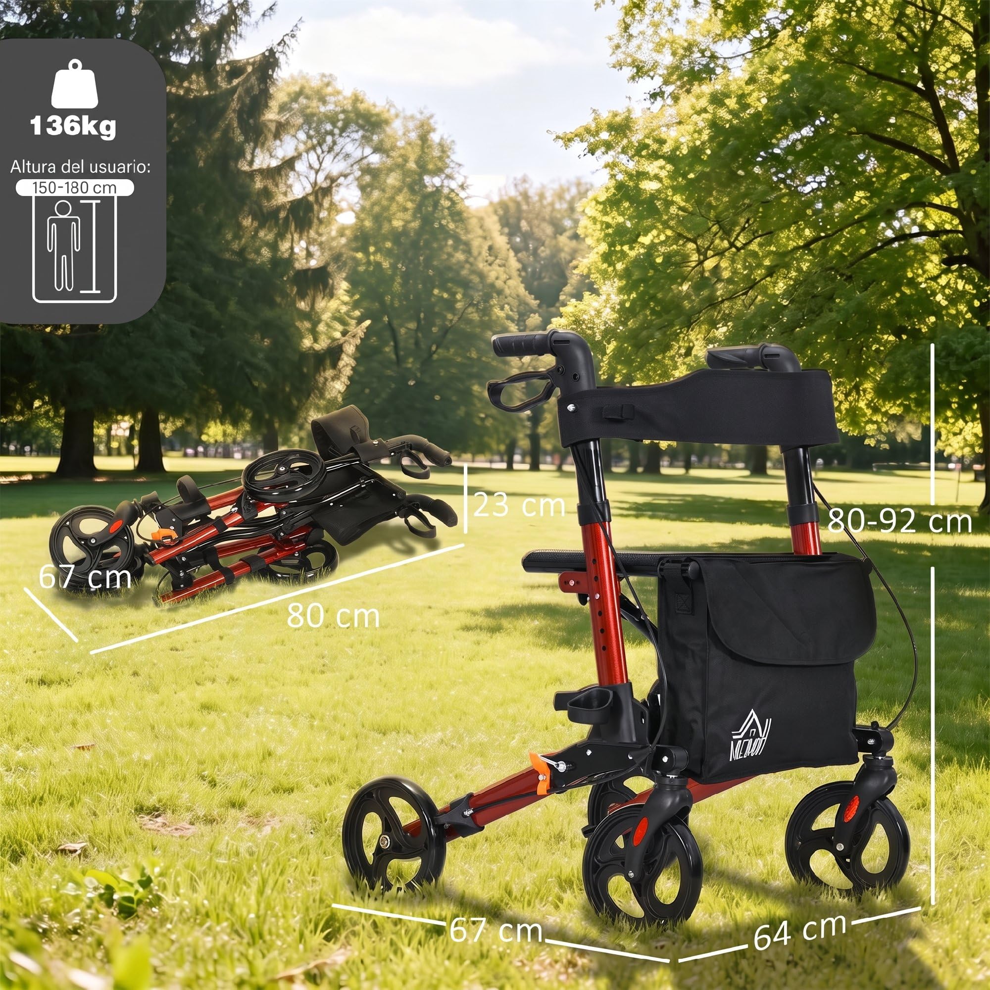 HOMCOM Andador para Ancianos Plegable de Aluminio con Asiento Rojo y Negro | Andador para Personas Mayores, 4 Ruedas, Altura Ajustable, Frenos de Maneta, Bolsa de Transporte