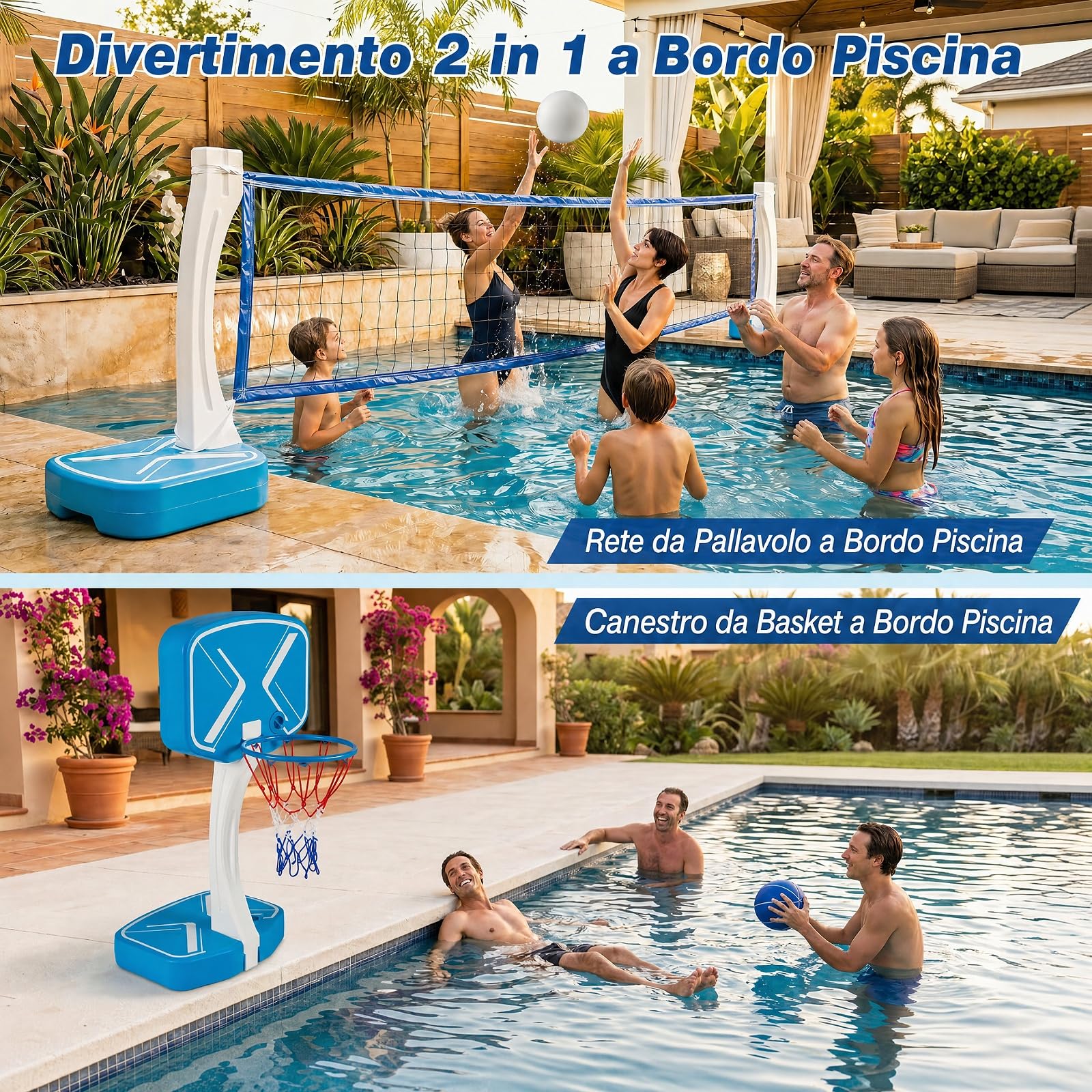COSTWAY 2 in 1 Canestro da Basket e Rete da Pallavolo per Piscina | Giocattoli Acquatici per Bambini e Adulti con 2 Palloni da Basket, 1 Pallone da Pallavolo, 1 Pompa e 2 Reti, da Spiaggia