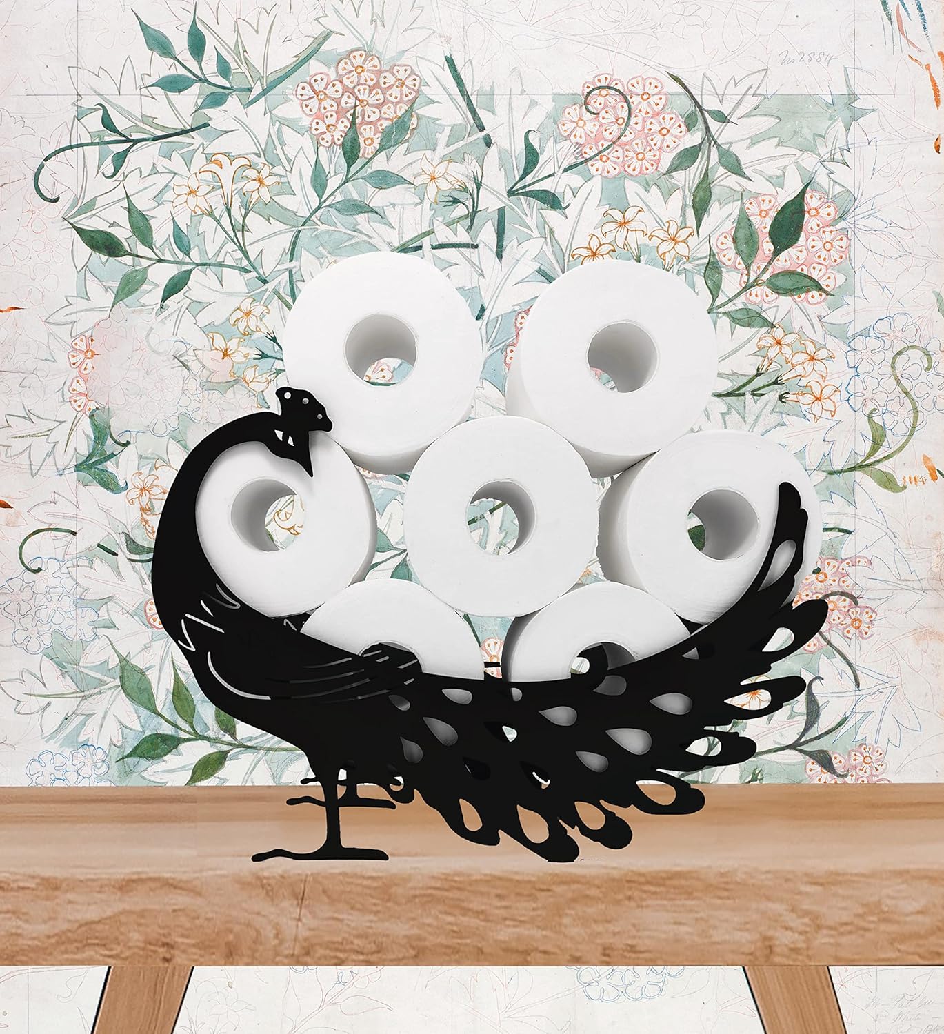Peacock Animal Paper Holders,Black Metal Toilet Tissue Holder,Decorative Metal Paper Holder,Funny Toilet Paper Storage for Bathrooms,FreeStanding Metal Toilet Paper Organizer Hold Extra 8 Rolls