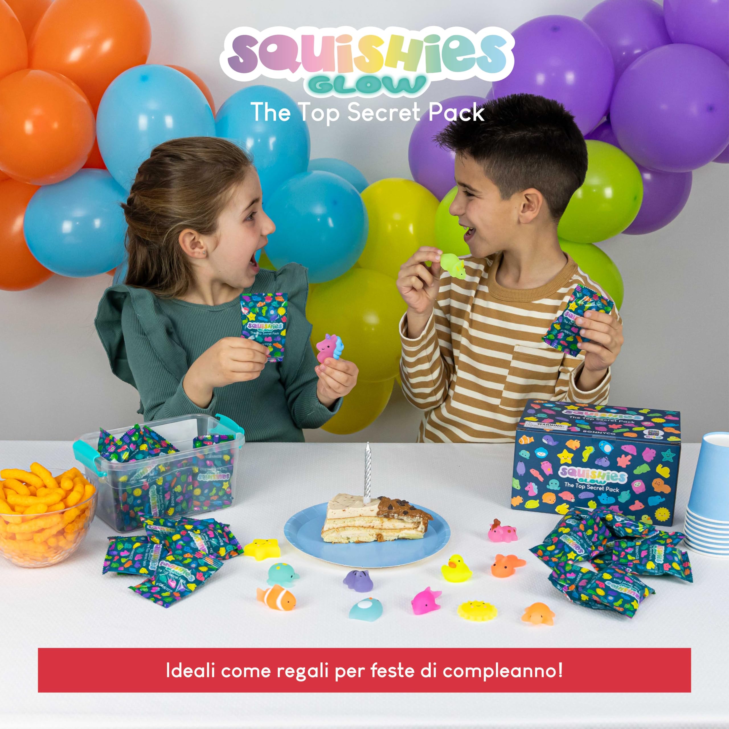 BONNYCO Squishy Piccoli Gadget Compleanno Bambini, Pack 40 Mini Giochi. Regalini Fine Festa Compleanno Bambini che si Illuminano al Buio, Regalino Fine Festa Dopo Invitati. Mochi Kawaii Gadget