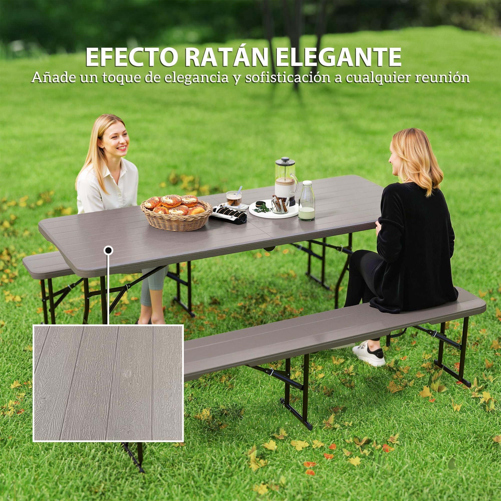 Outsunny Conjunto de Camping Plegable de 3 Piezas Mesa Plegable Camping con Bancos Incluye 1 Mesa 180x74x74 cm y 2 Bancos Efecto Madera Impermeable para Acampadas Jardín Pícnic Marrón