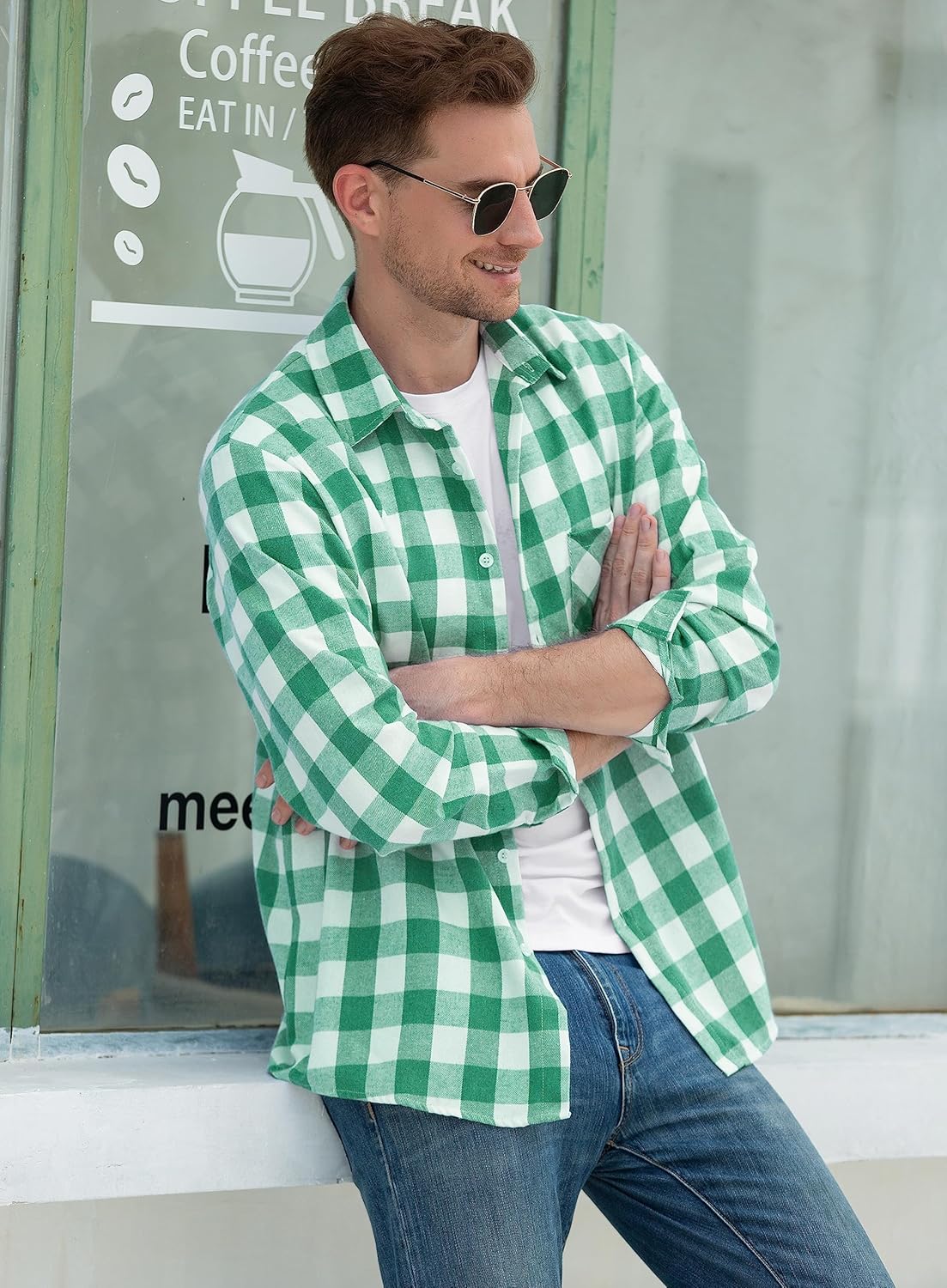 SANGTREE Boys and Mens Flannel Plaid Long Sleeve Shirt Casual Button Down Shirts, Green White, XX-Large - Image 2