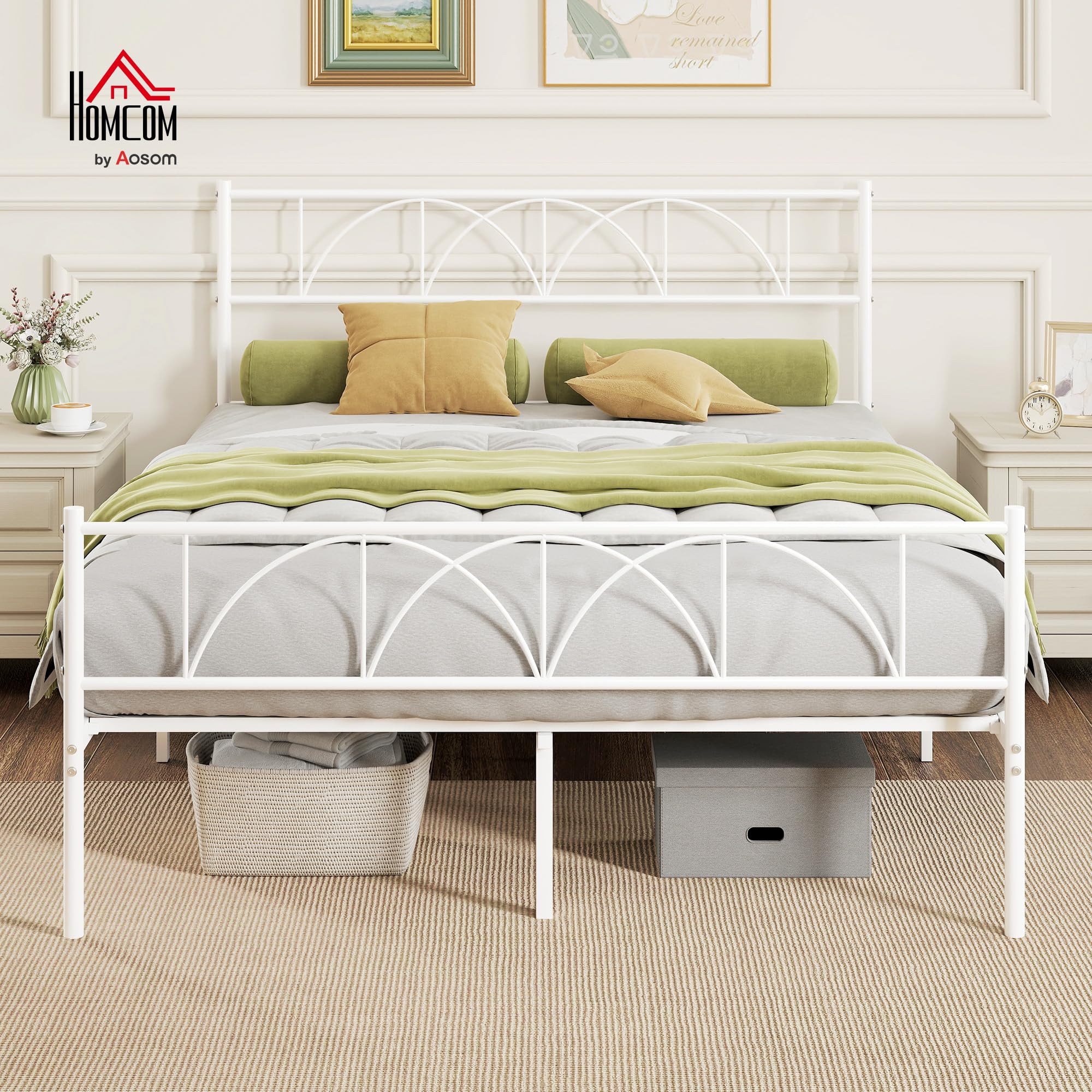 HOMCOM Cama Matrimonio 140x190 cm Estructura Acero Cabecero Almacenamiento Blanco