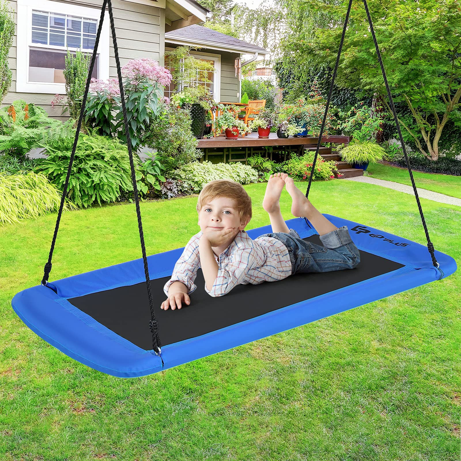 GYMAX Altalene da Giardino per 2-3 Bambini, Sedia Sospesa Grande, Altezza Regolabile, in Tessuto Oxford, Telaio Metallico, Resistente e Impermeabile, Facile da Montare (Blu-1)