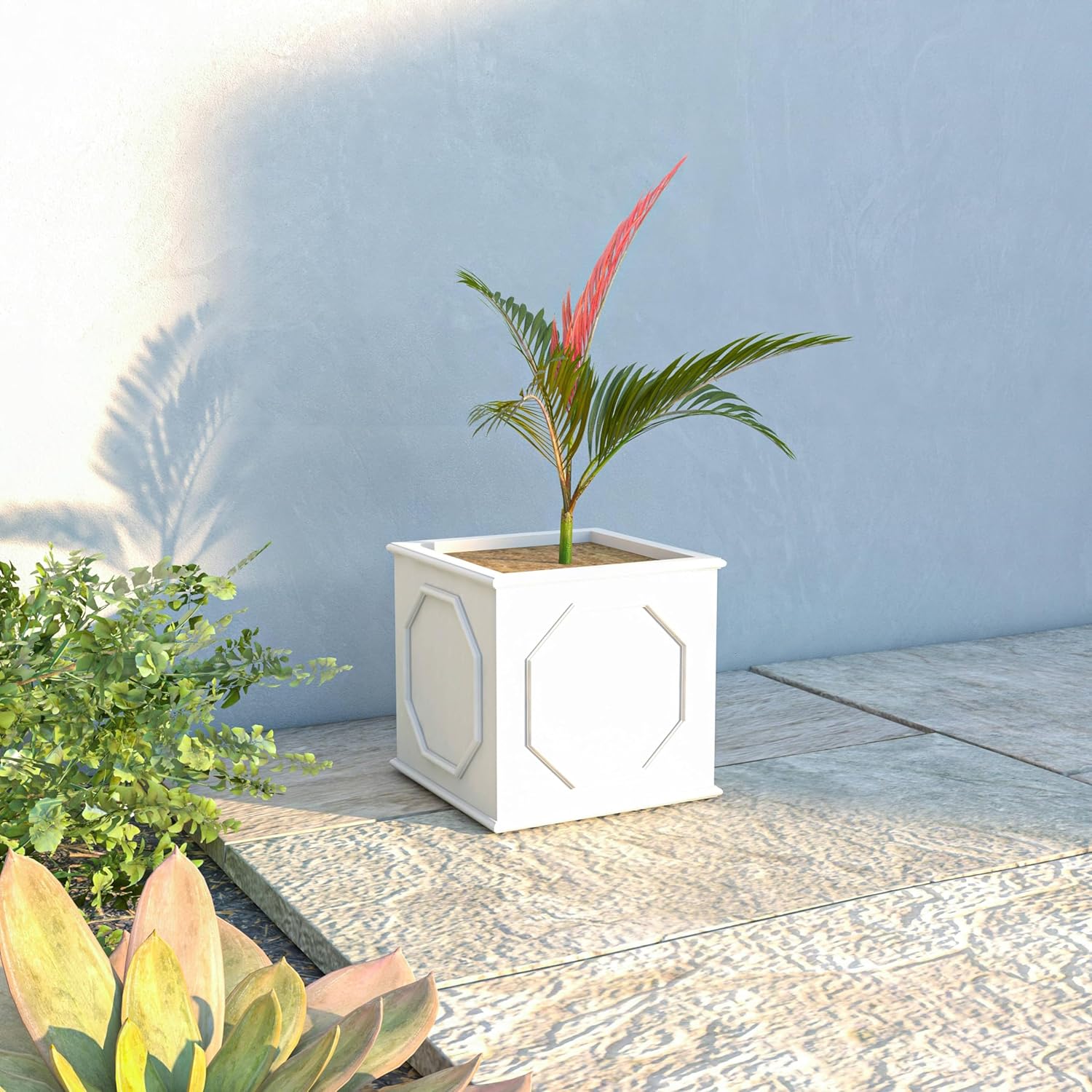 LeisureMod Sprout White Planter: Weather Resistant, Modern Square Cube Pot, Fiberstone & MgO Clay, Indoor Outdoor Use, Multiple Sizes