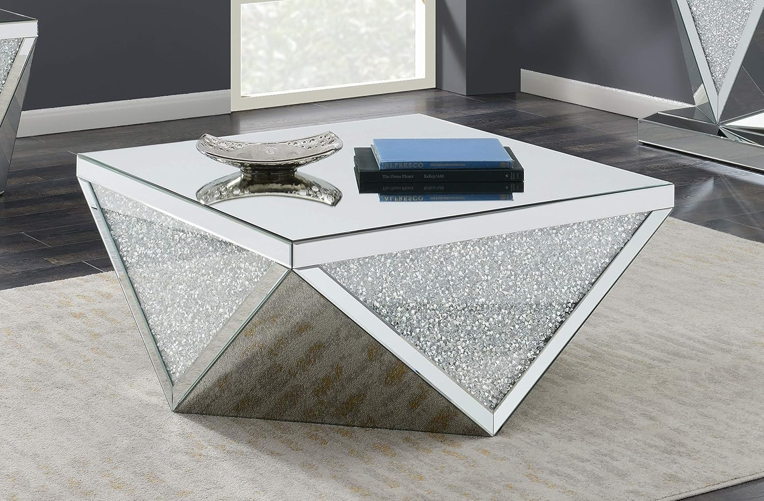 Coaster Home Furnishings Square Triangle Detailing Silver and Clear Mirror Coffee Table, 38.5" d x 38.5" w x 18.5" h : Everything Else