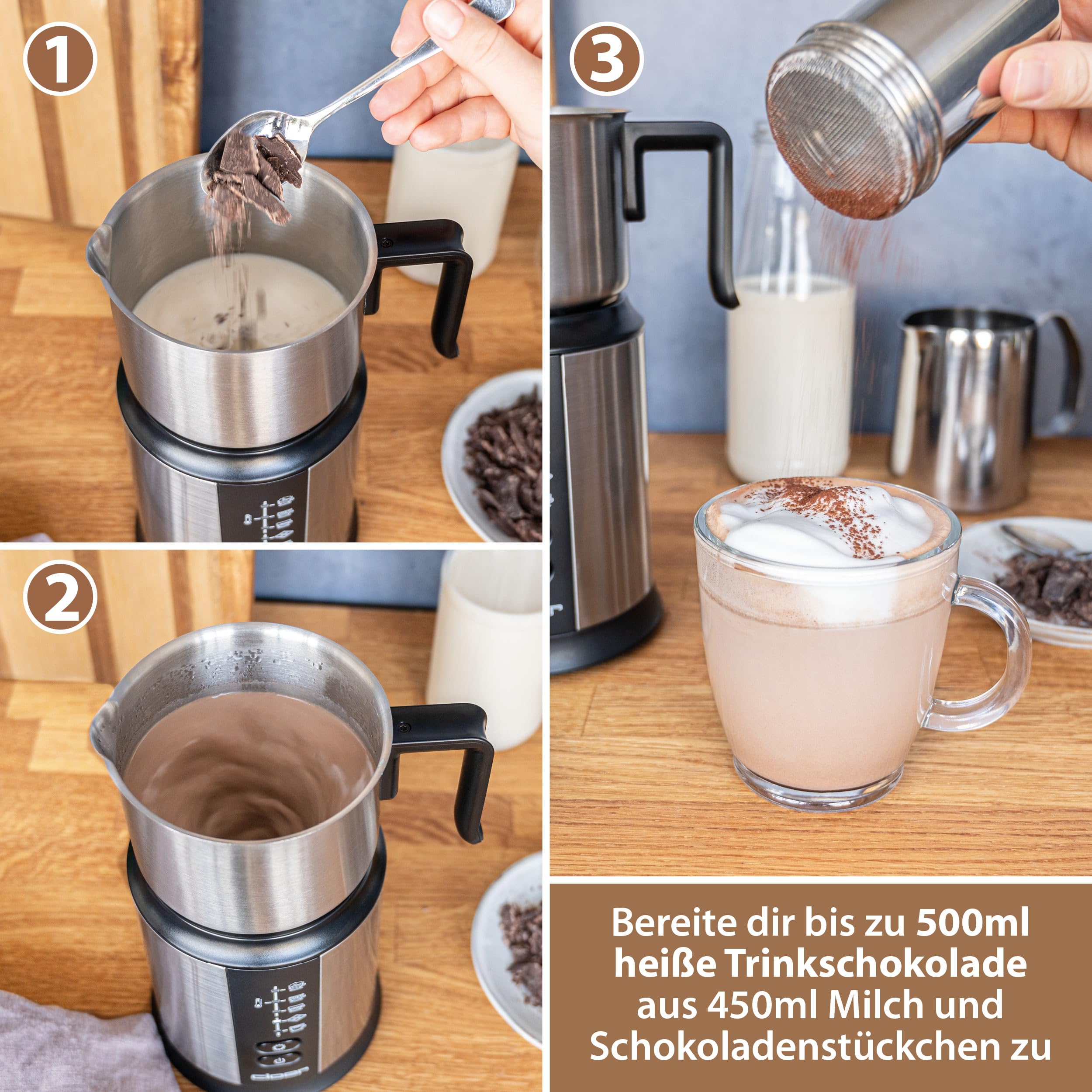Cloer 7789 Induktions-Milchaufschäumer mit 800 ml Edelstahlkännchen, 600 ml Milchschaum, 500 ml heiße Schokolade, magnetische Aufschäumspule, spülmaschinengeeignet, 500 W