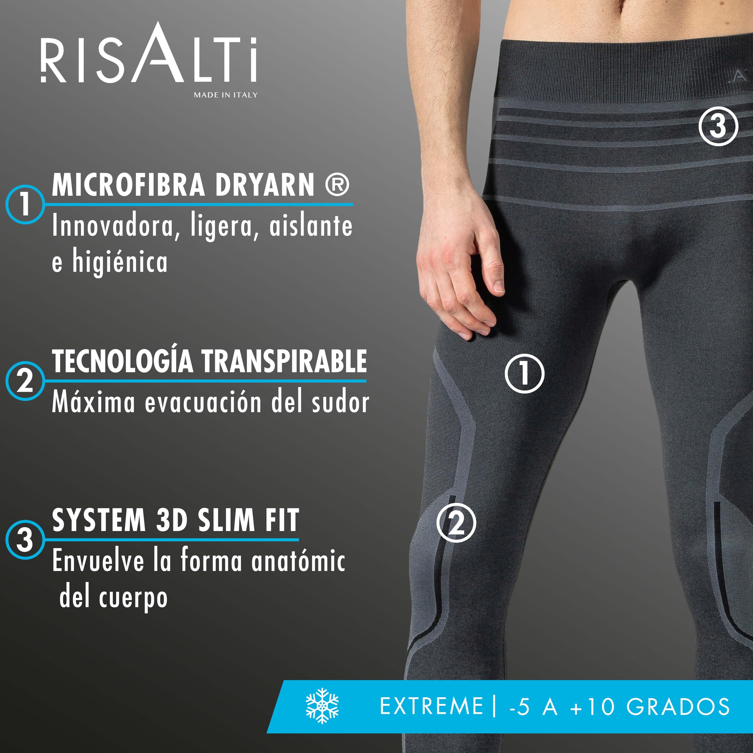 Risalti Mallas Termicas Mujer y Hombre Unisex Extreme - Leggins Termicos Mujer Invierno Transpirable, Leggins Hombre Deporte, Pantalones Mujer Invierno, Jeggins Mujer sin Costuras - Made in Italy